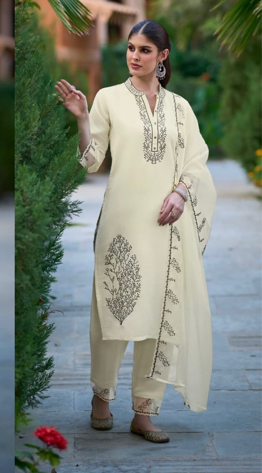 Off-White Russian Silk 3-Piece Set with Black Embroidery & Organza Dupatta