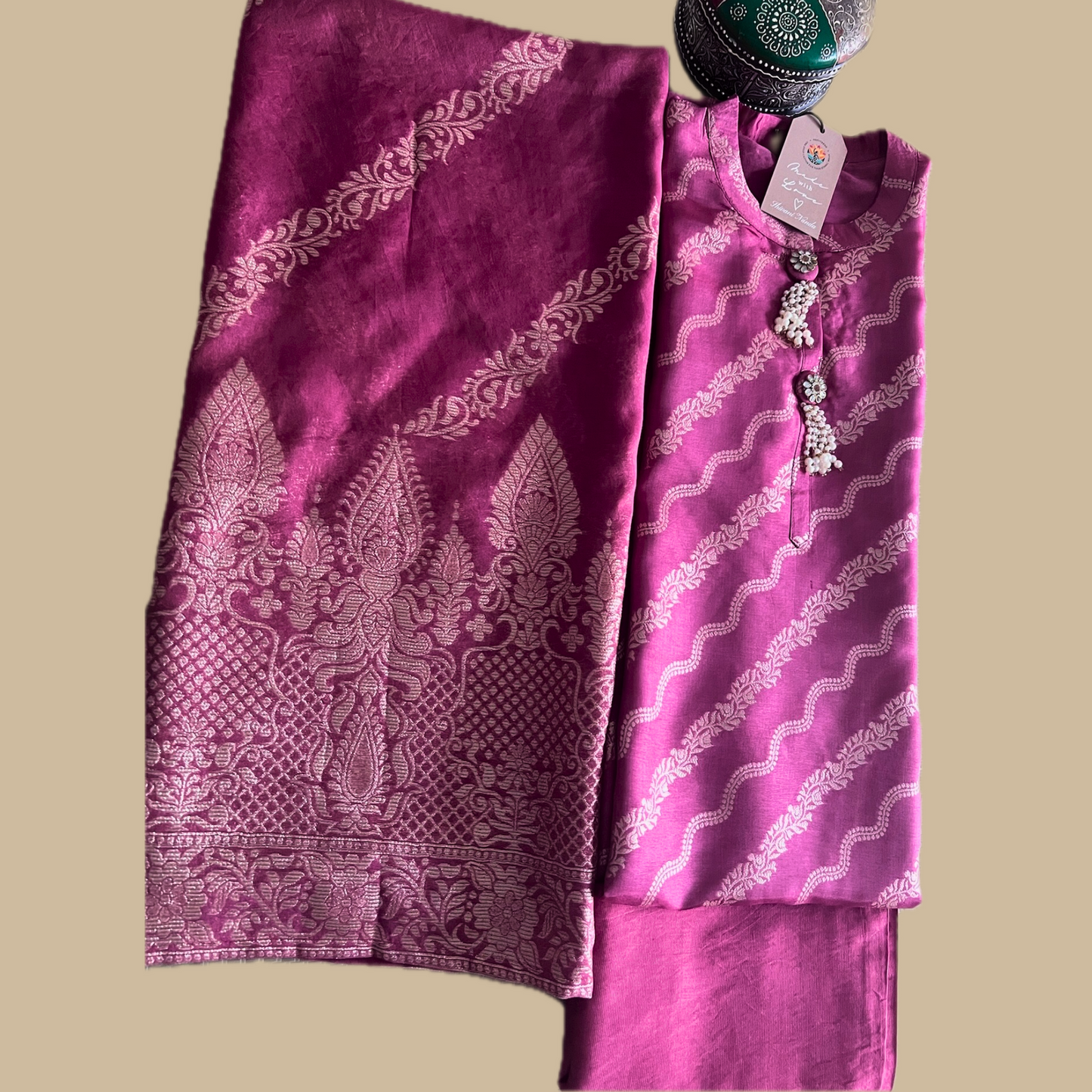 Cotton Silk Blend 3-Piece Suit in Pink with Gold Tone Weave