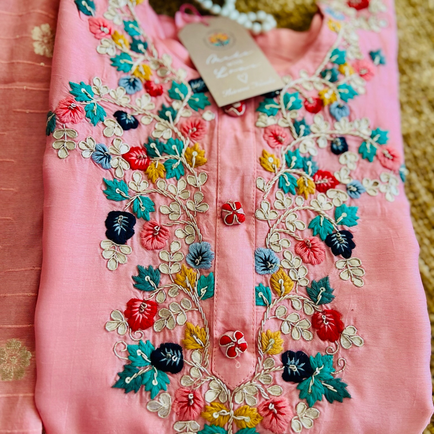 Elegant Silk Blend 3-Piece Suit in Peachish Pink with Brocade Dupatta