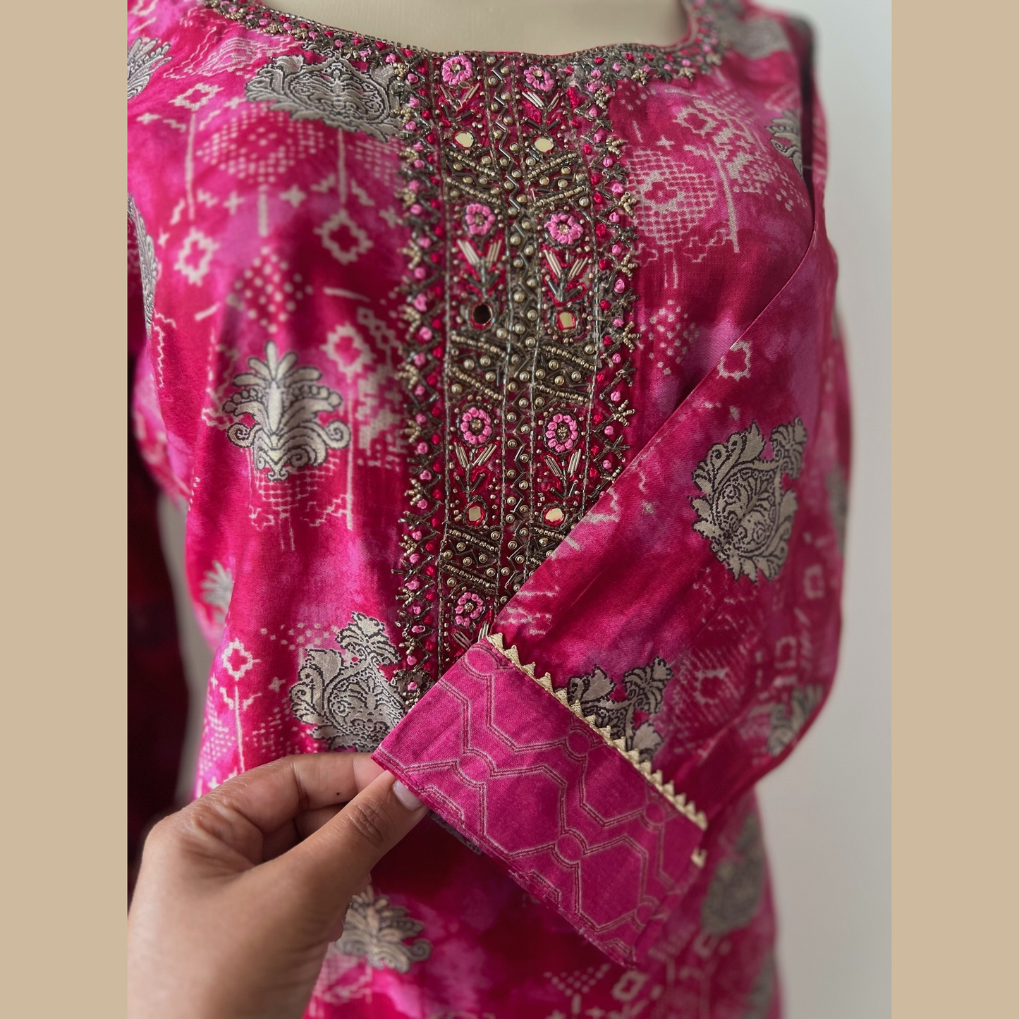 Cotton Blend 3-Piece Suit in Magenta with Intricate Gold Foil Motifs