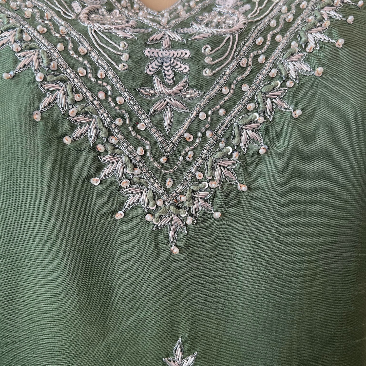 Chinon Silk 3-Piece Suit in Green with Silver Embellishments on Neck and Silver Weaved Dupatta - Perfect Festive Wear