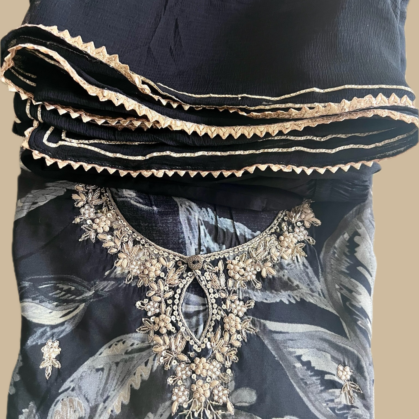 Cotton Crepe Blend 3-Piece Suit in Black with Dabka Work on the Neck Yoke