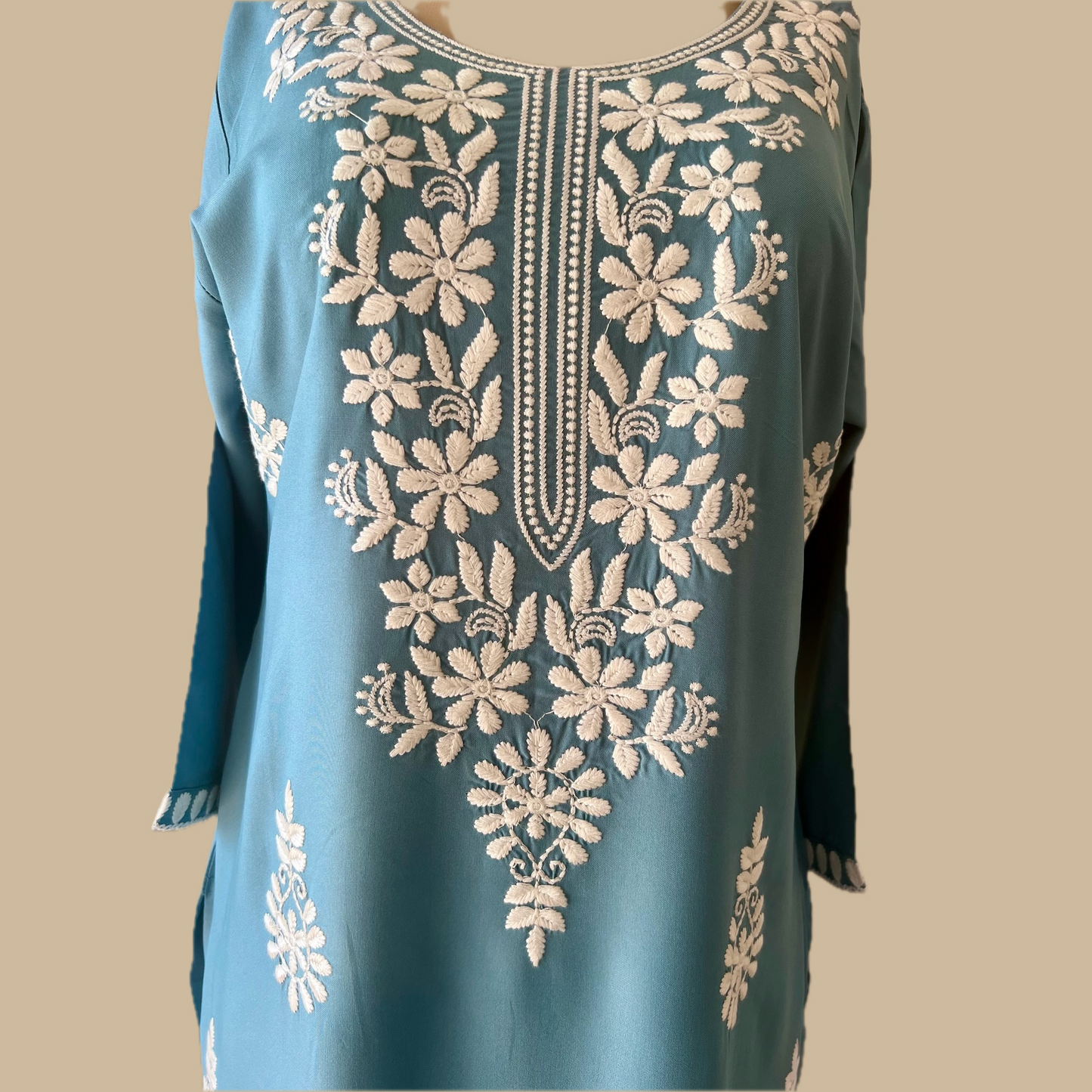 Premium Rayon Chikankari Kurti in blue with Contrast Hand Thread Embroidery