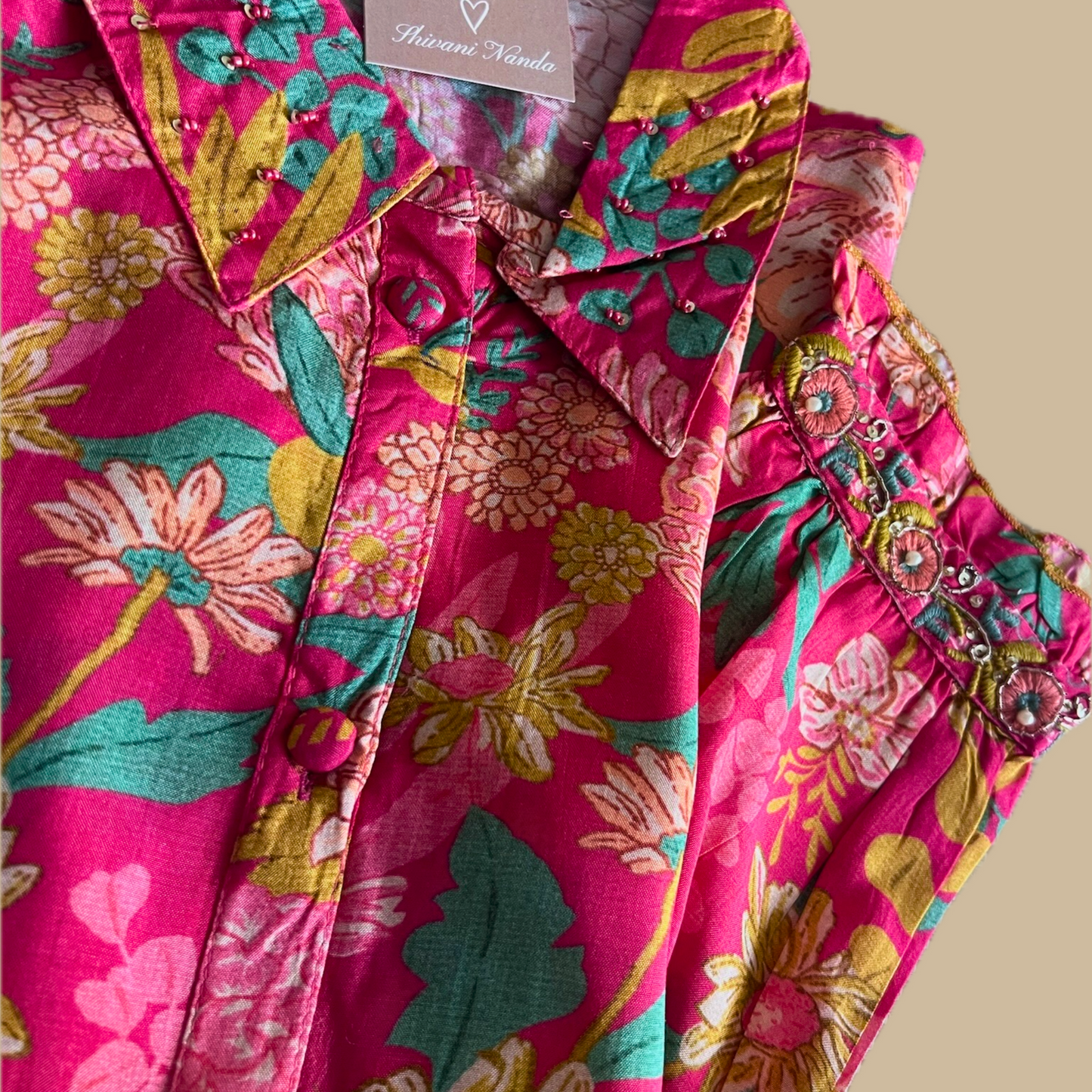 Floral Digital Printed Pink Buttoned Coord Set with Embroidered Sleeves and Printed Pants
