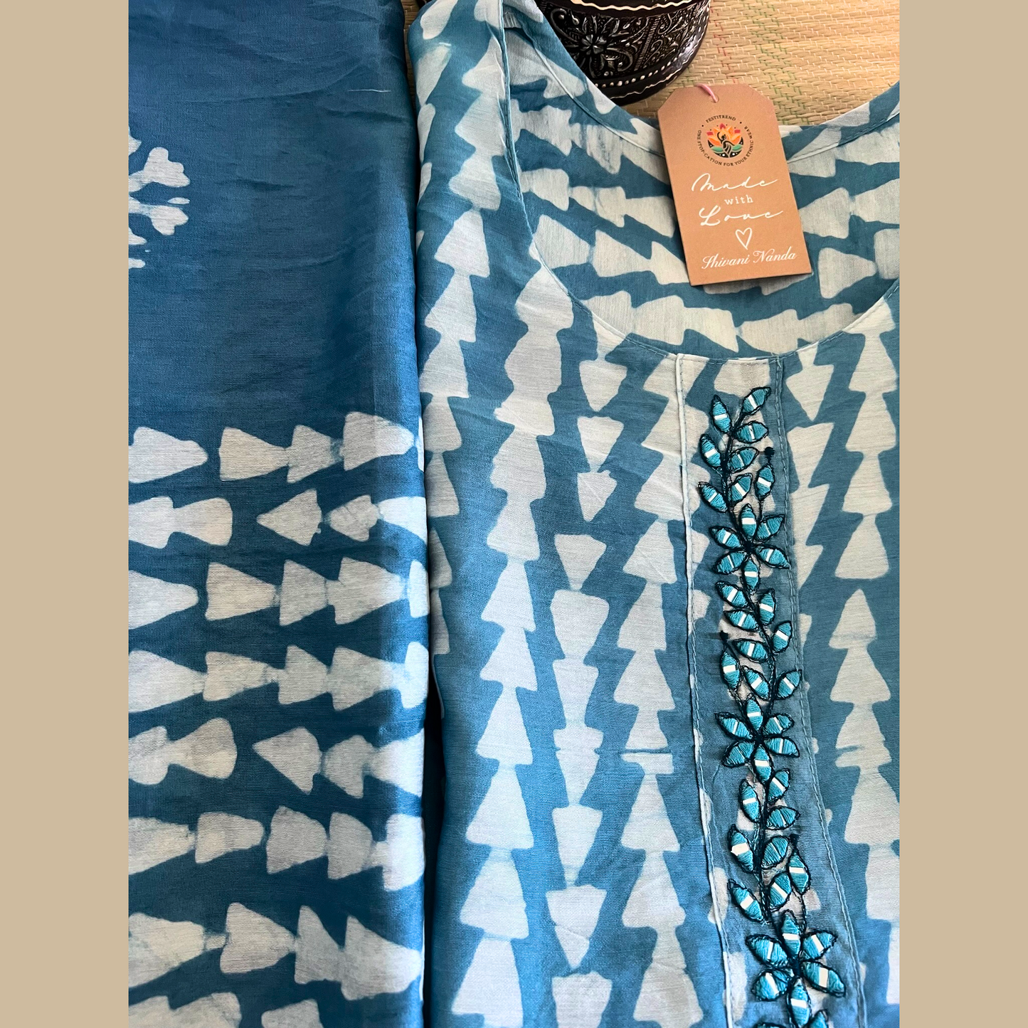 Batik Cotton Silk 3-Piece Kurta Set in Blue