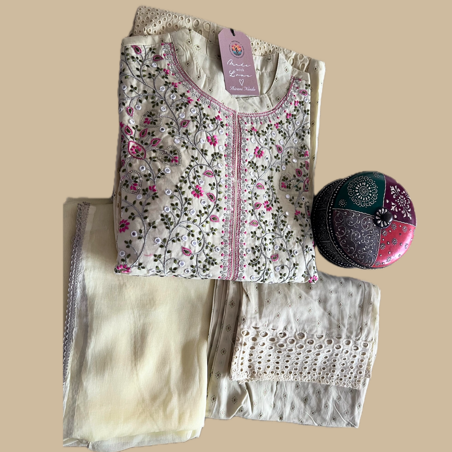 Cotton 3-Piece Anarkali Traditional Suit with Thread Work on Neck Yoke