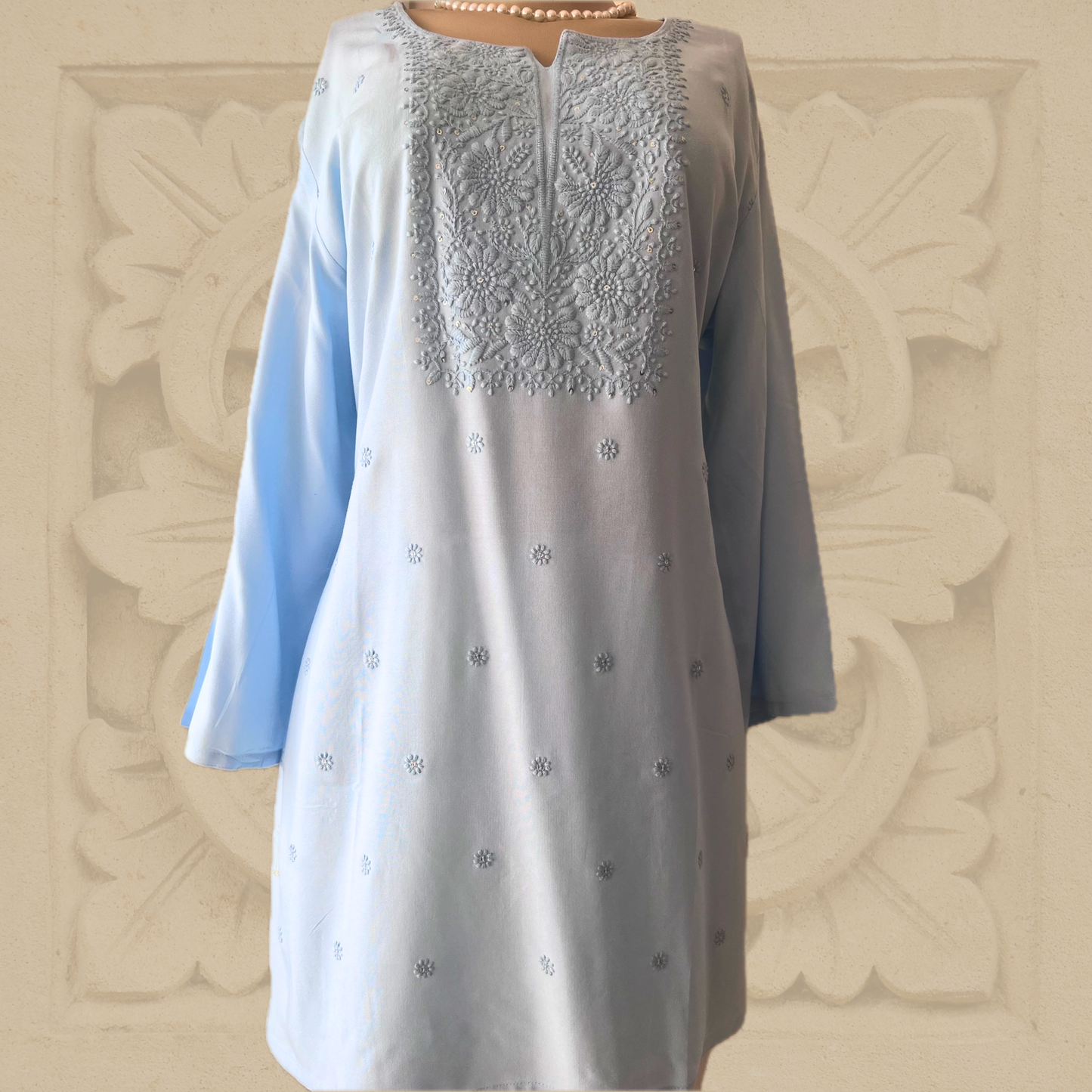 Premium Rayon Hand Embroidered Chikankari Tunic with Minimal Sequin Work Light Blue