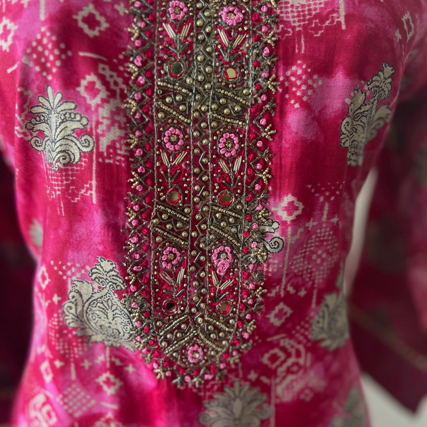 Cotton Blend 3-Piece Suit in Magenta with Intricate Gold Foil Motifs