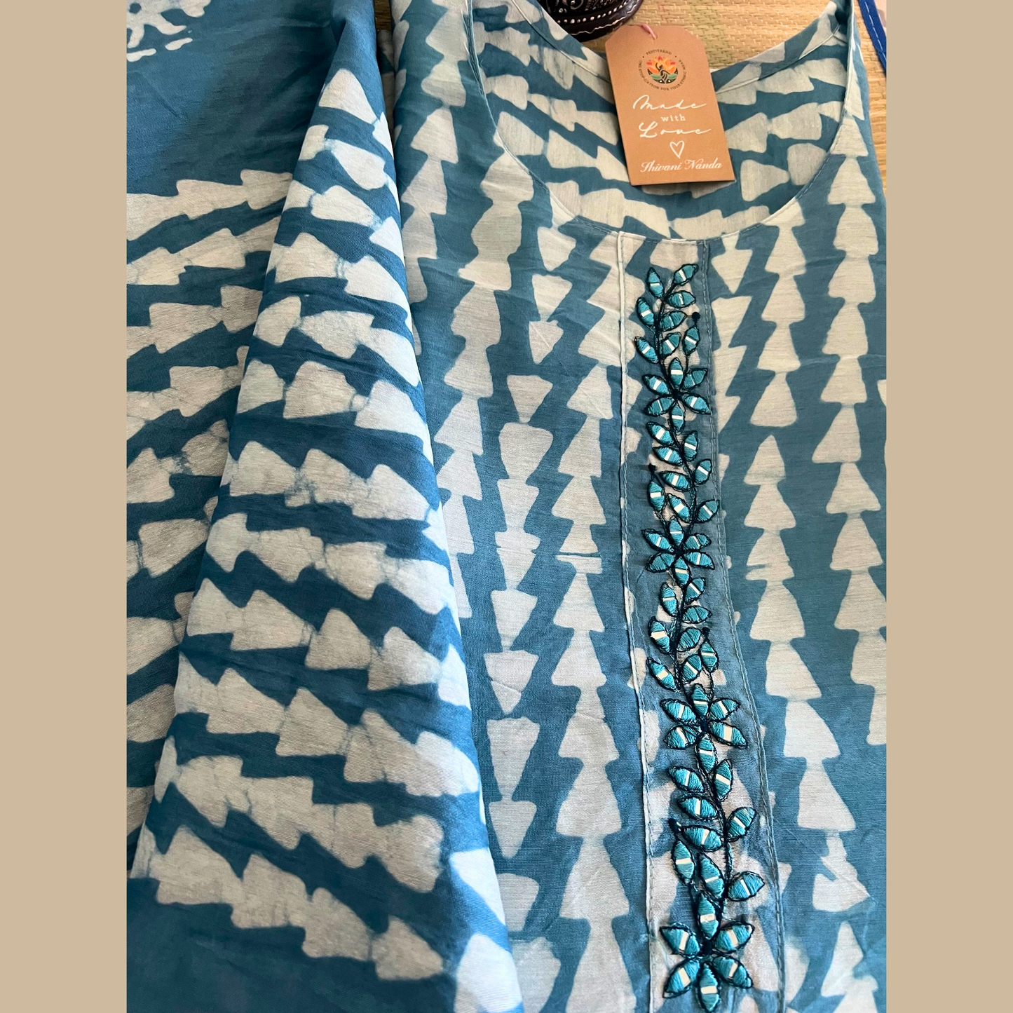 Batik Cotton Silk 3-Piece Kurta Set in Blue