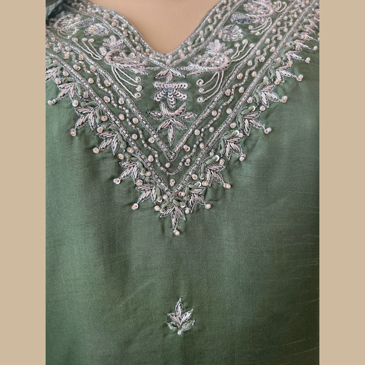 Chinon Silk 3-Piece Suit in Green with Silver Embellishments on Neck and Silver Weaved Dupatta - Perfect Festive Wear