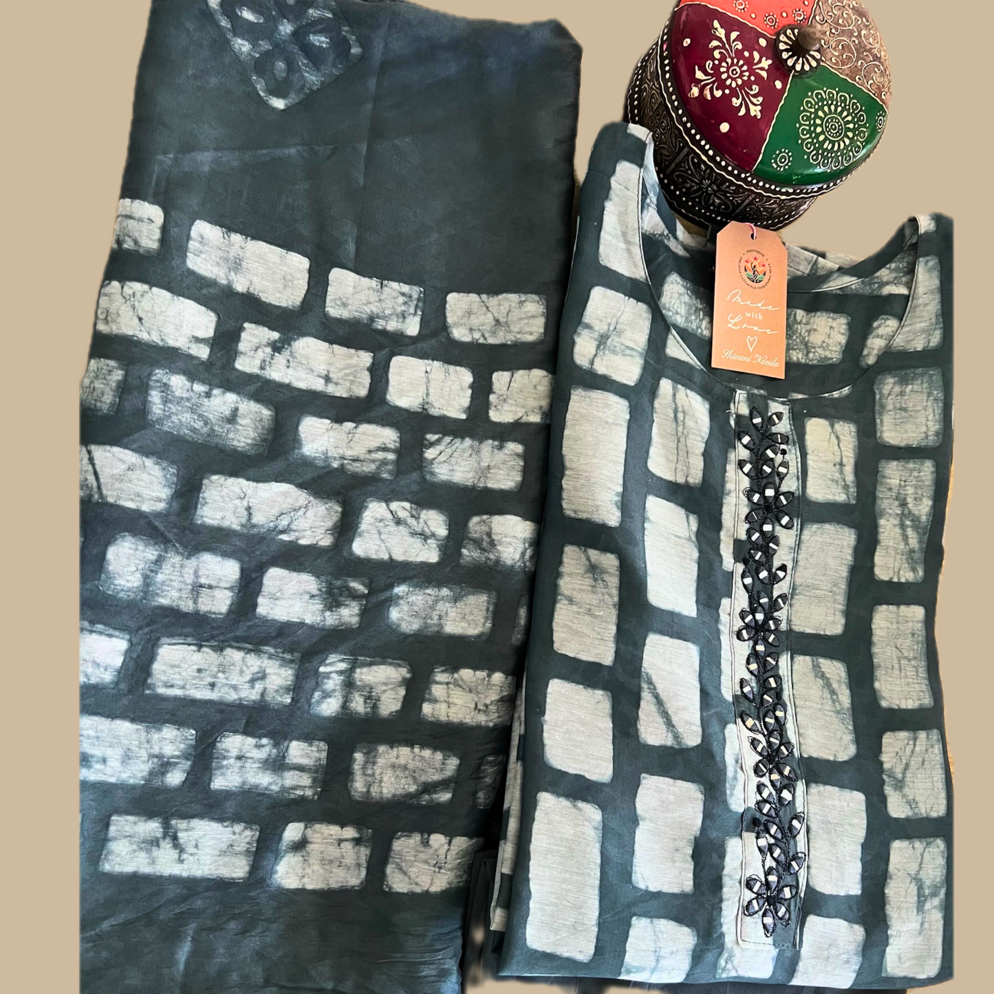 Batik Cotton Silk 3-Piece Kurta Set in Stone Grey