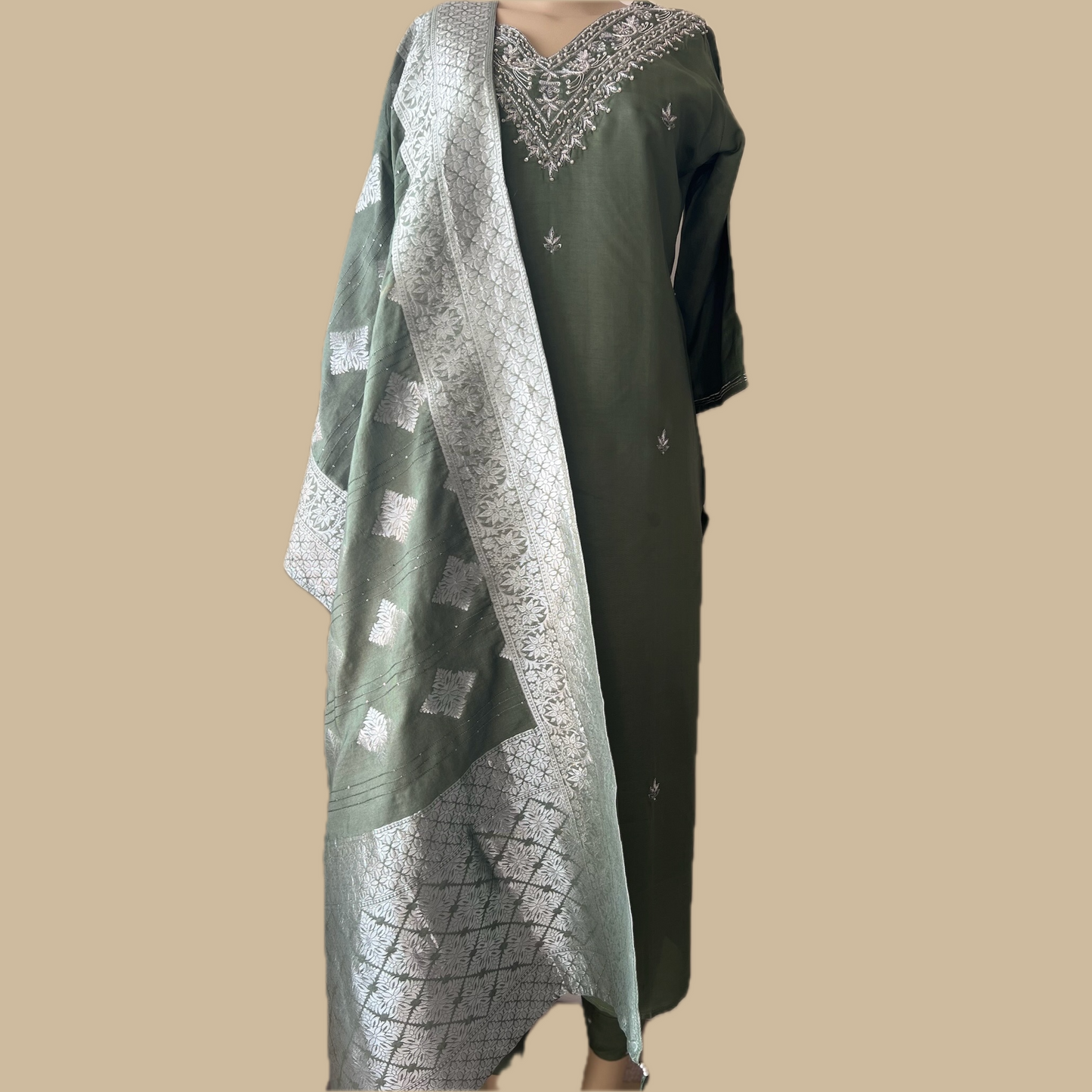 Chinon Silk 3-Piece Suit in Green with Silver Embellishments on Neck and Silver Weaved Dupatta - Perfect Festive Wear