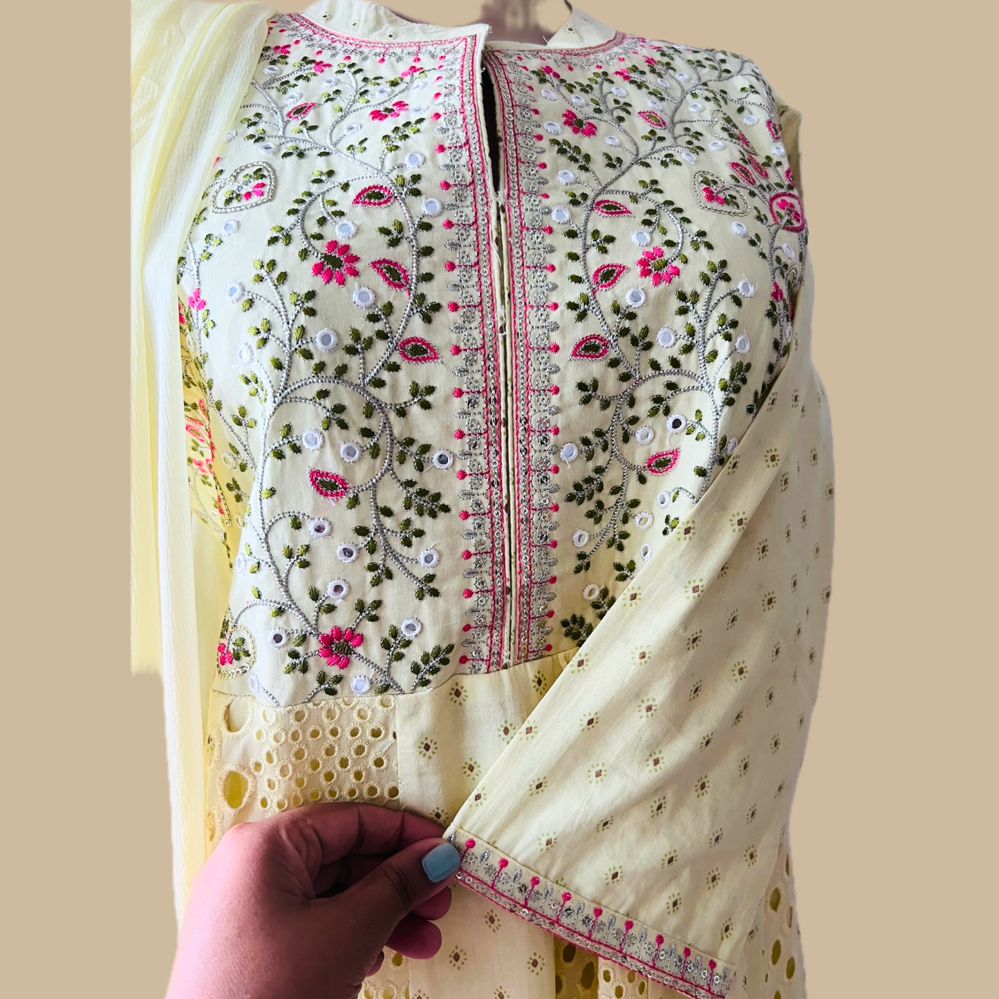 Cotton 3-Piece Anarkali Traditional Suit with Thread Work on Neck Yoke