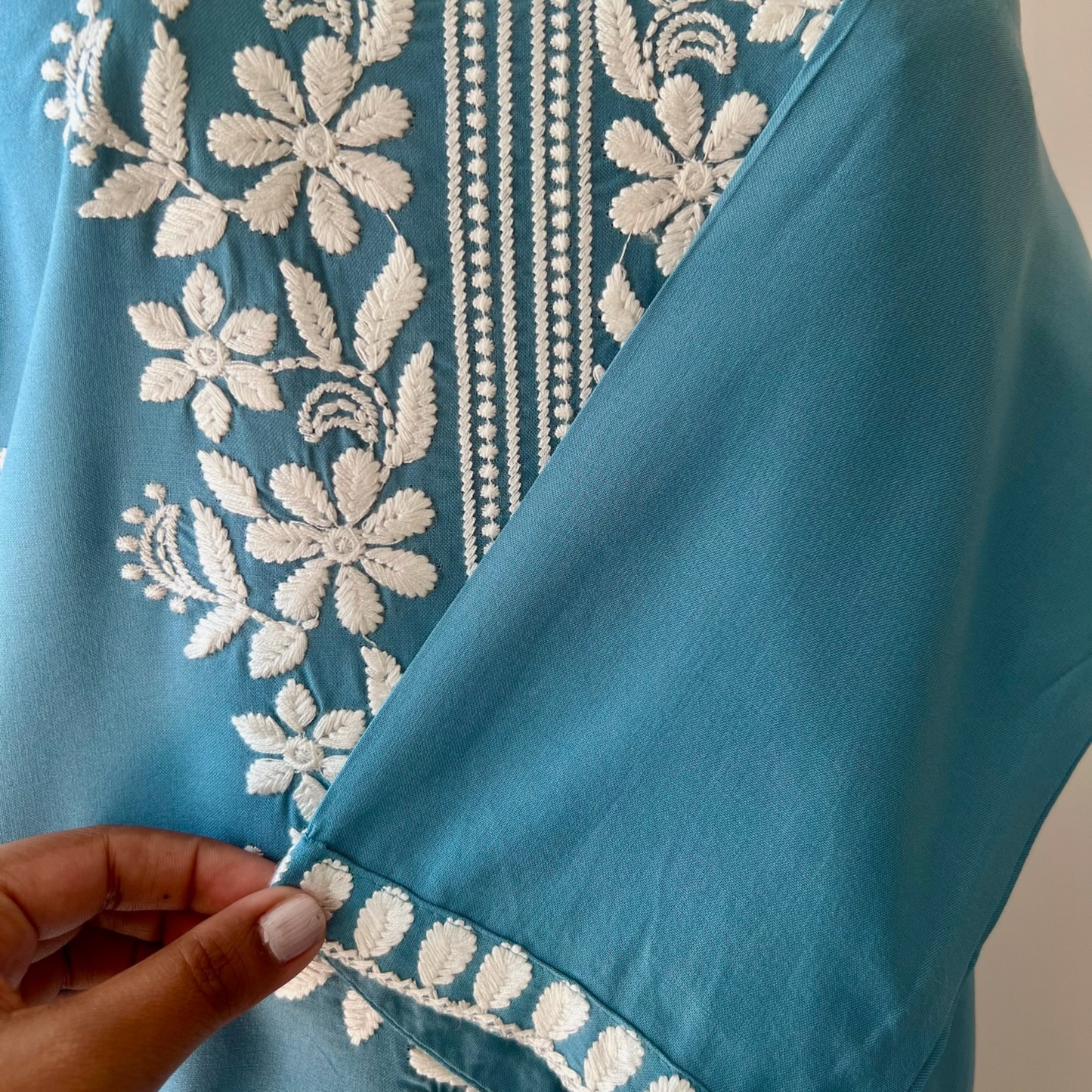 Premium Rayon Chikankari Kurti in blue with Contrast Hand Thread Embroidery