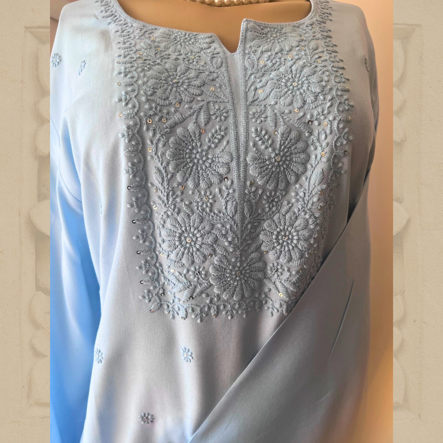 Premium Rayon Hand Embroidered Chikankari Tunic with Minimal Sequin Work Light Blue
