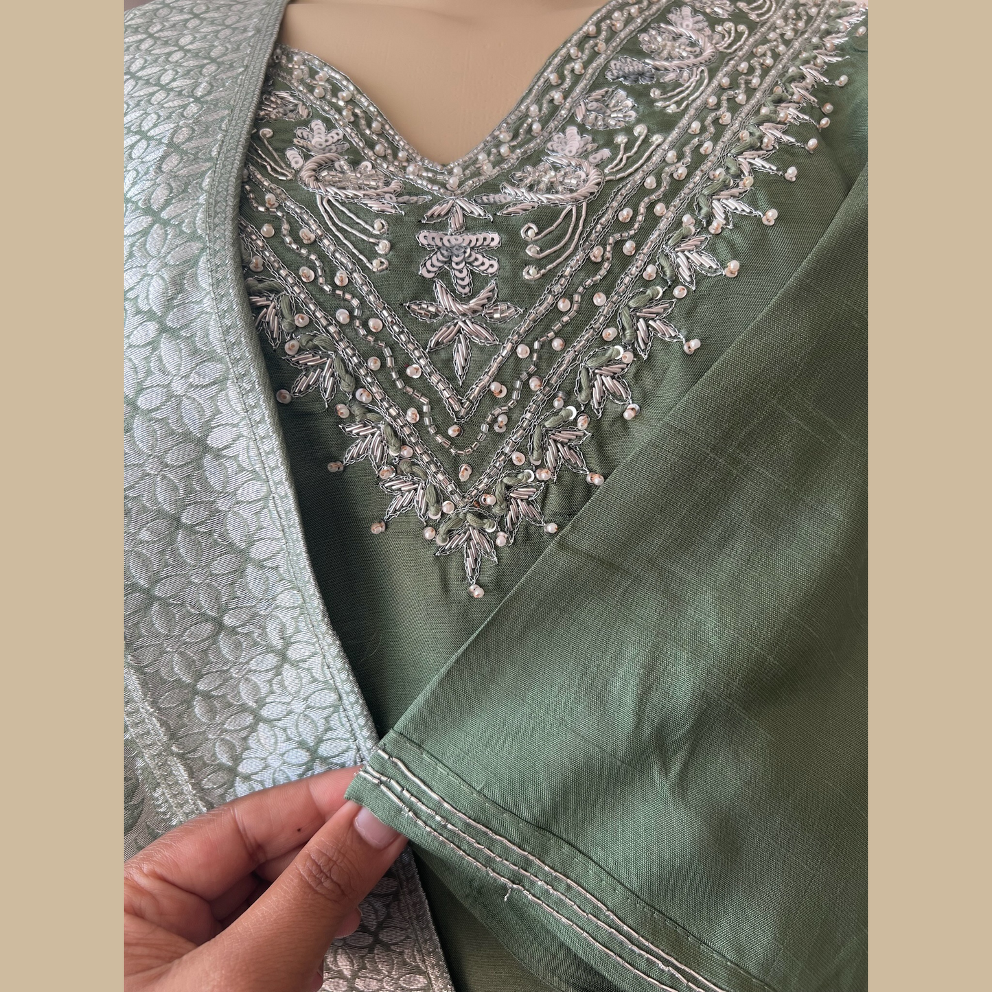 Chinon Silk 3-Piece Suit in Green with Silver Embellishments on Neck and Silver Weaved Dupatta - Perfect Festive Wear