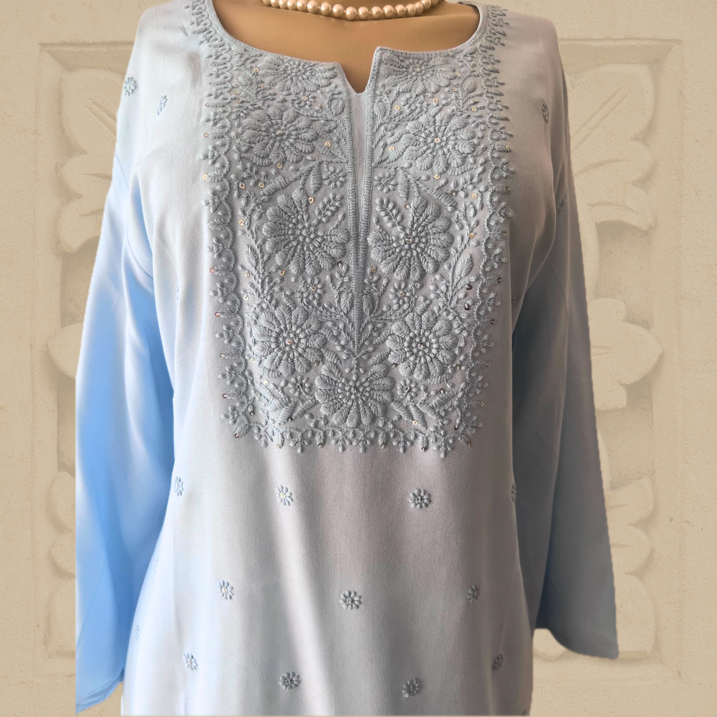 Premium Rayon Hand Embroidered Chikankari Tunic with Minimal Sequin Work Light Blue