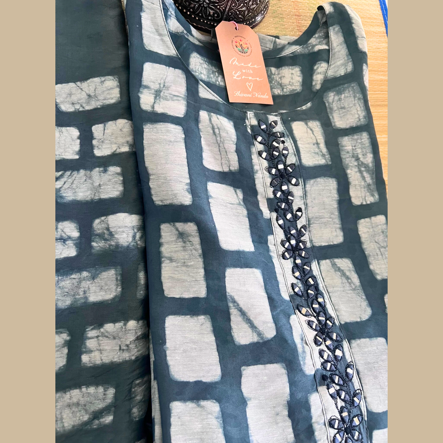 Batik Cotton Silk 3-Piece Kurta Set in Stone Grey
