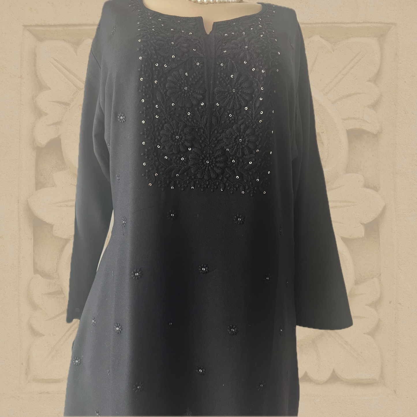 Premium Rayon Hand Embroidered Chikankari Tunic with Minimal Sequin Work in Black
