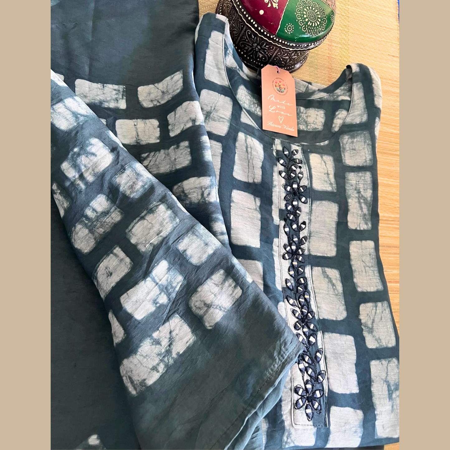 Batik Cotton Silk 3-Piece Kurta Set in Stone Grey
