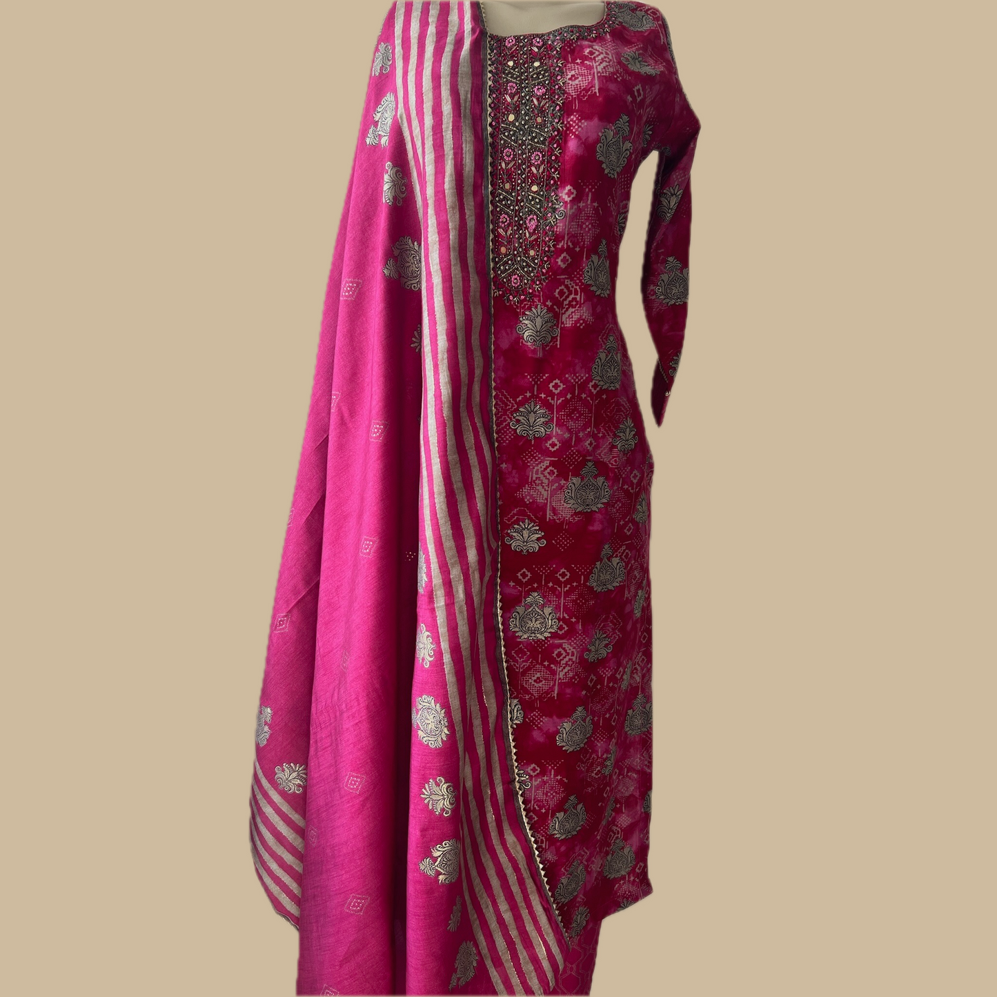 Cotton Blend 3-Piece Suit in Magenta with Intricate Gold Foil Motifs