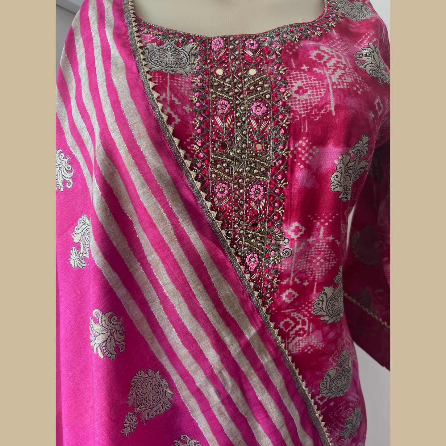 Cotton Blend 3-Piece Suit in Magenta with Intricate Gold Foil Motifs