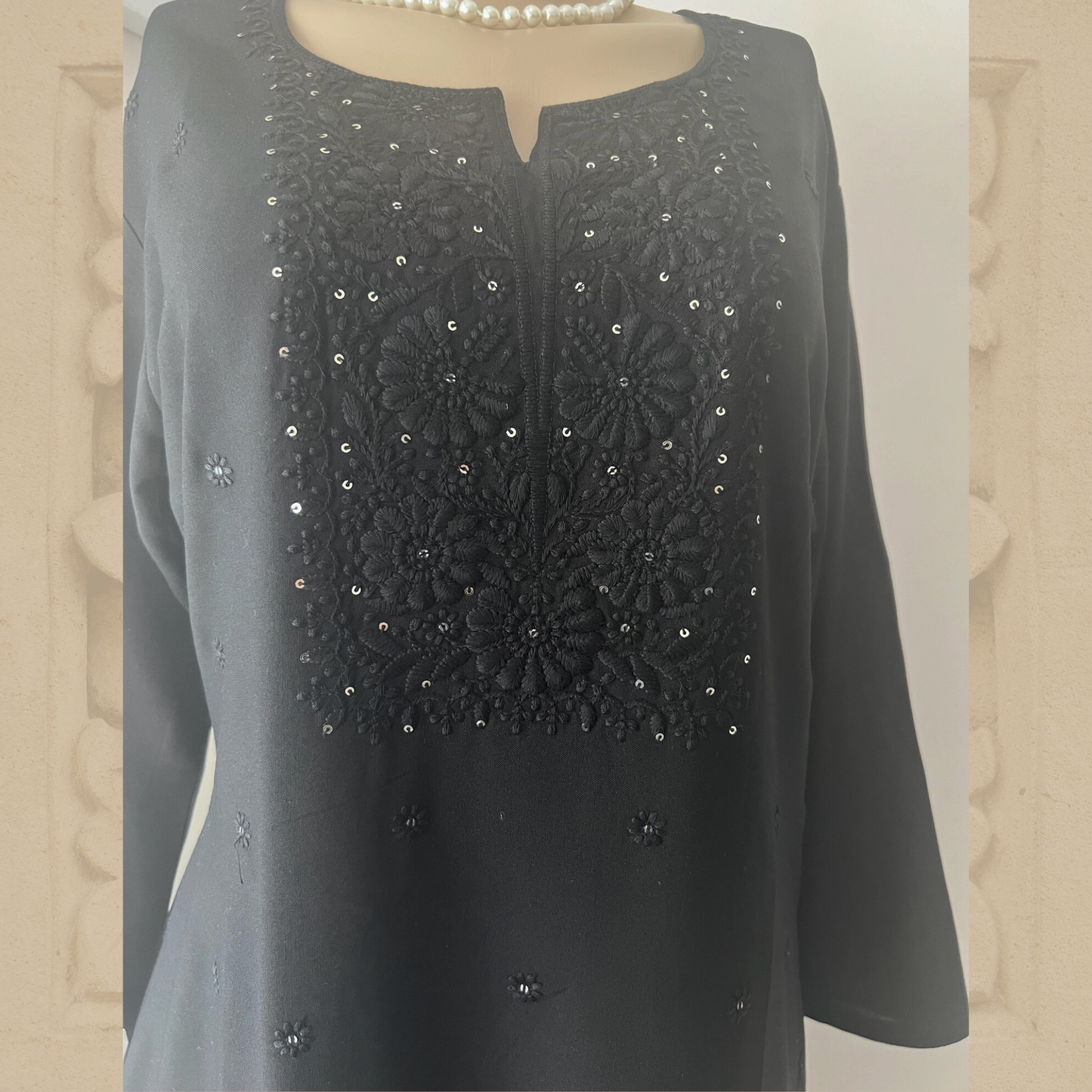Premium Rayon Hand Embroidered Chikankari Tunic with Minimal Sequin Work in Black