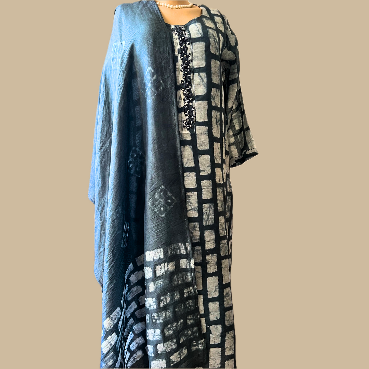 Batik Cotton Silk 3-Piece Kurta Set in Stone Grey
