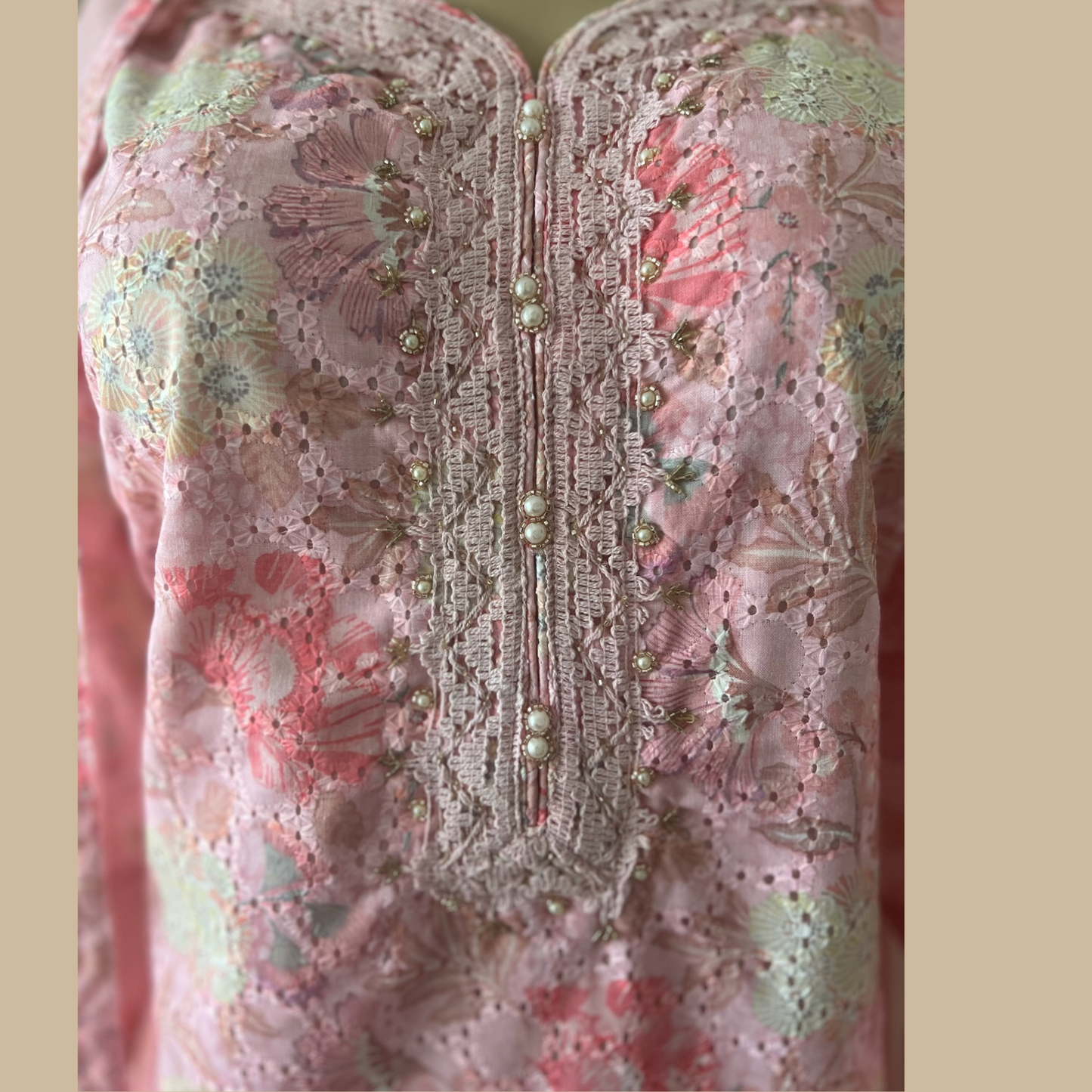 Cotton 3-Piece Suit in Subtle Pink with Intricate Lace Work