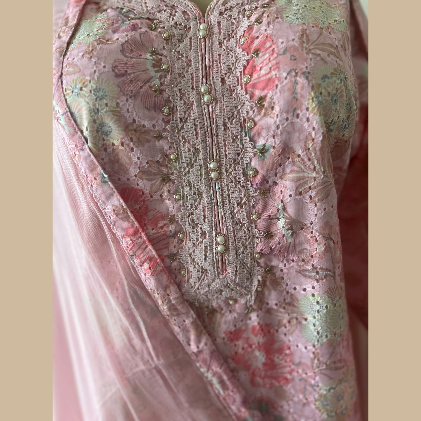 Cotton 3-Piece Suit in Subtle Pink with Intricate Lace Work
