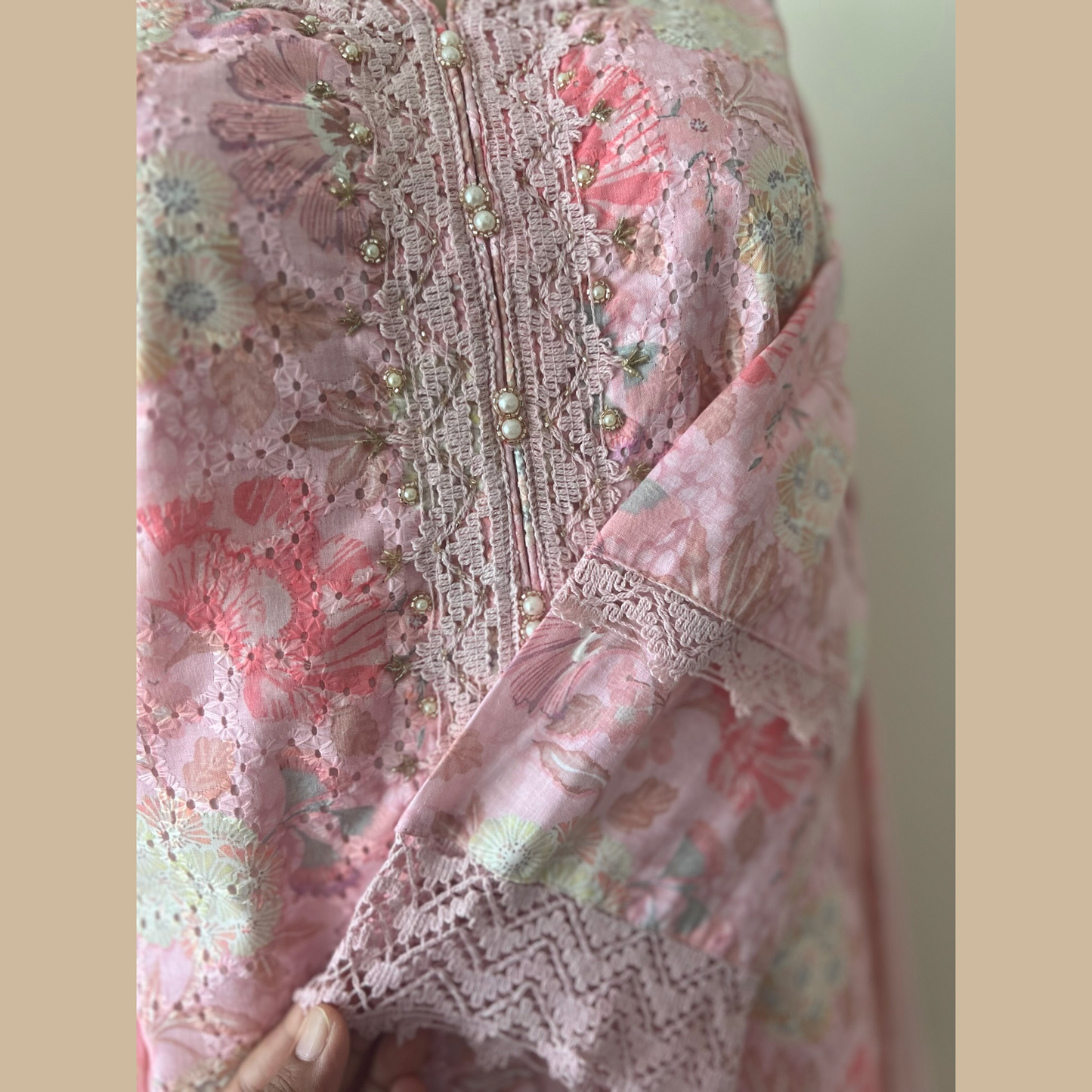 Cotton 3-Piece Suit in Subtle Pink with Intricate Lace Work