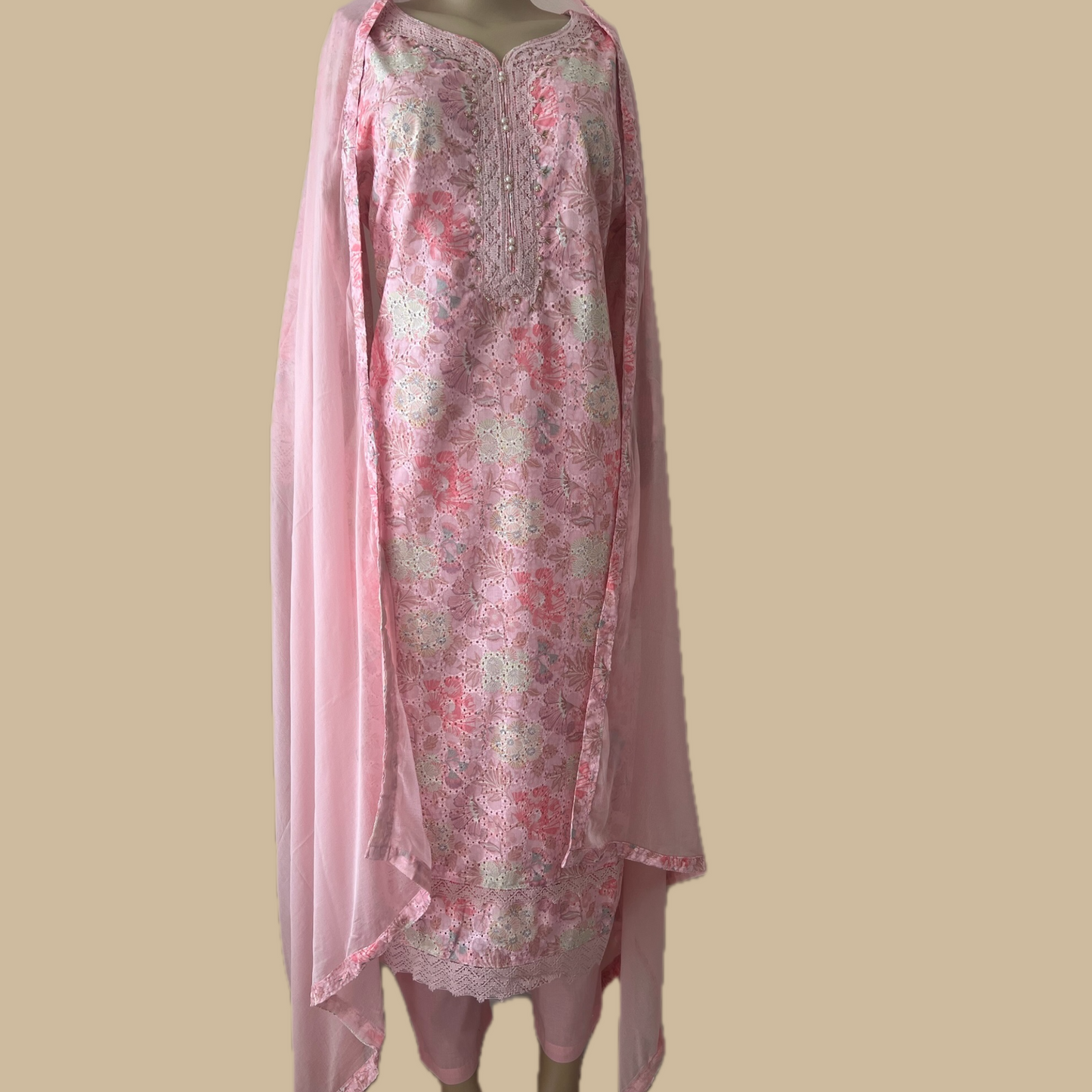 Cotton 3-Piece Suit in Subtle Pink with Intricate Lace Work