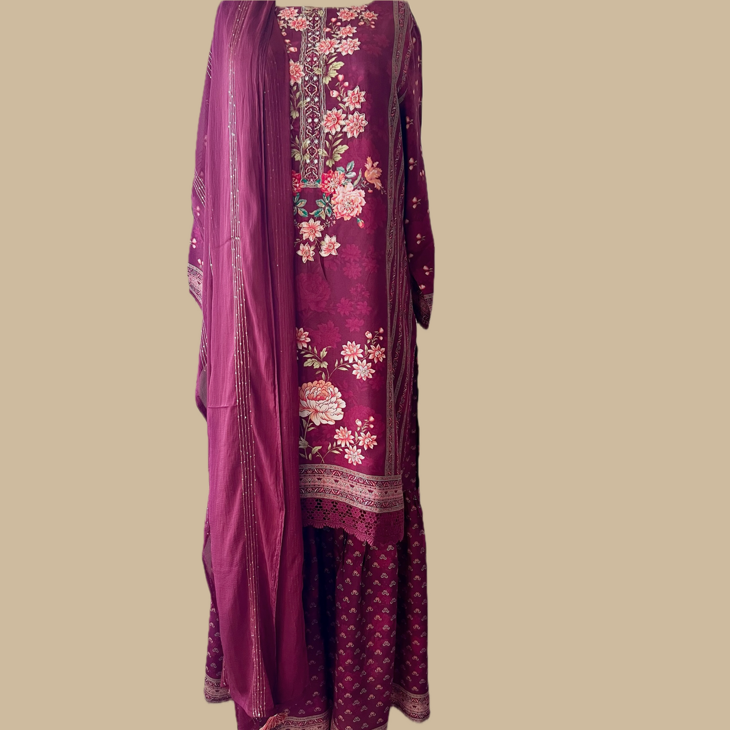 Silk Blend Digitally Printed Maroon 3-Piece Maroon Sharara Set with Crochet Lace on Shirt and Ethnic Printed Motifs on Sharara