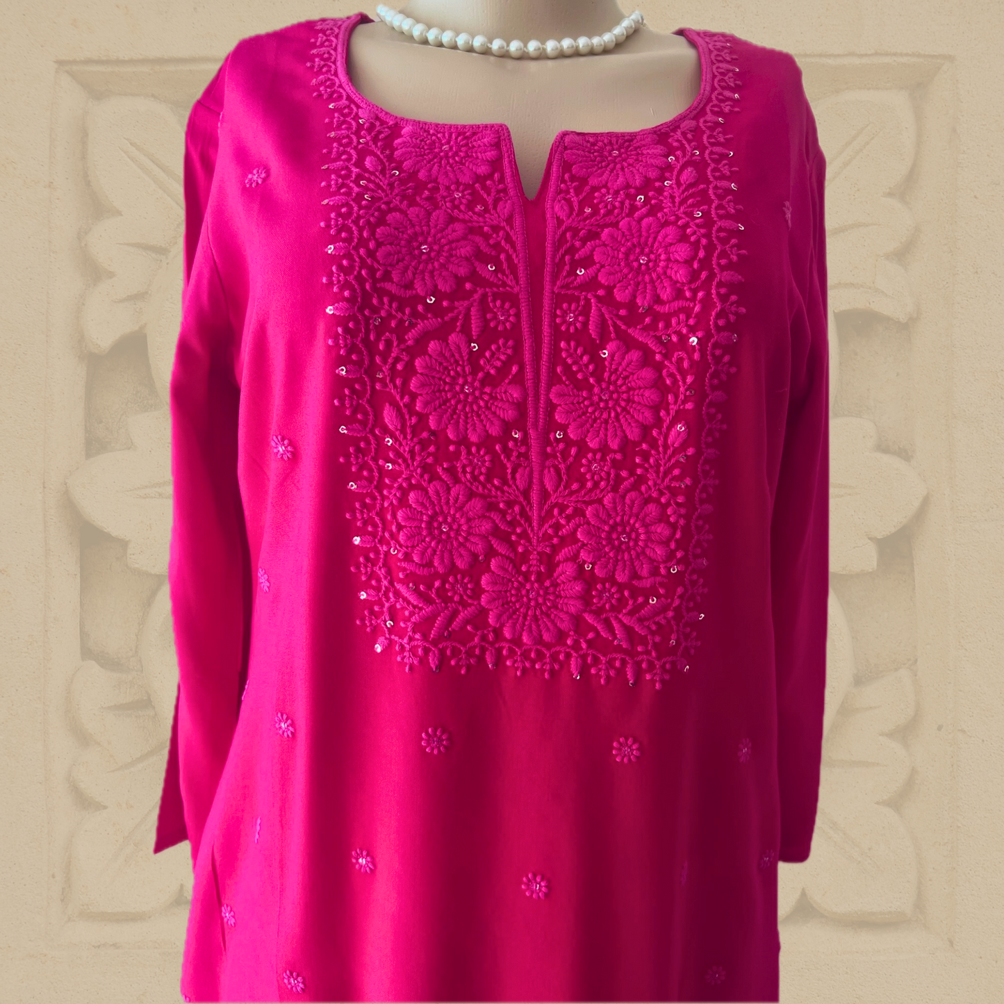 Premium Rayon Hand Embroidered Chikankari Tunic with Minimal Sequin Work in Pink