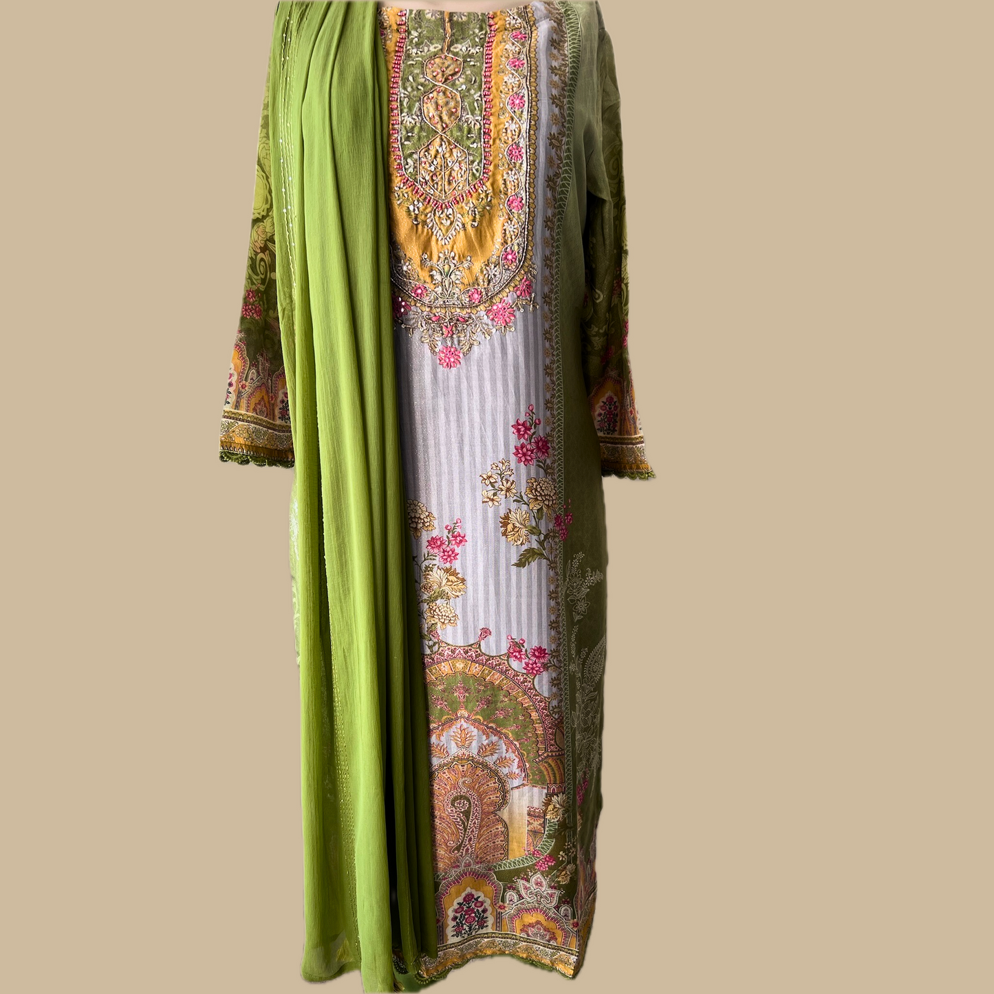 Chinon Silk 3-Piece Indian Suit with Sequins Dupatta