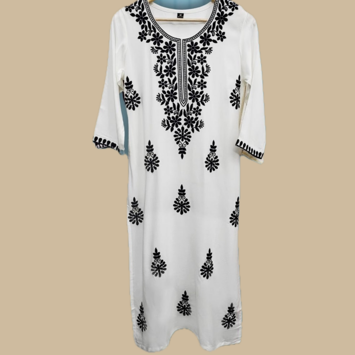 Premium Rayon Chikankari Kurti in White with Contrast Hand Thread Embroidery