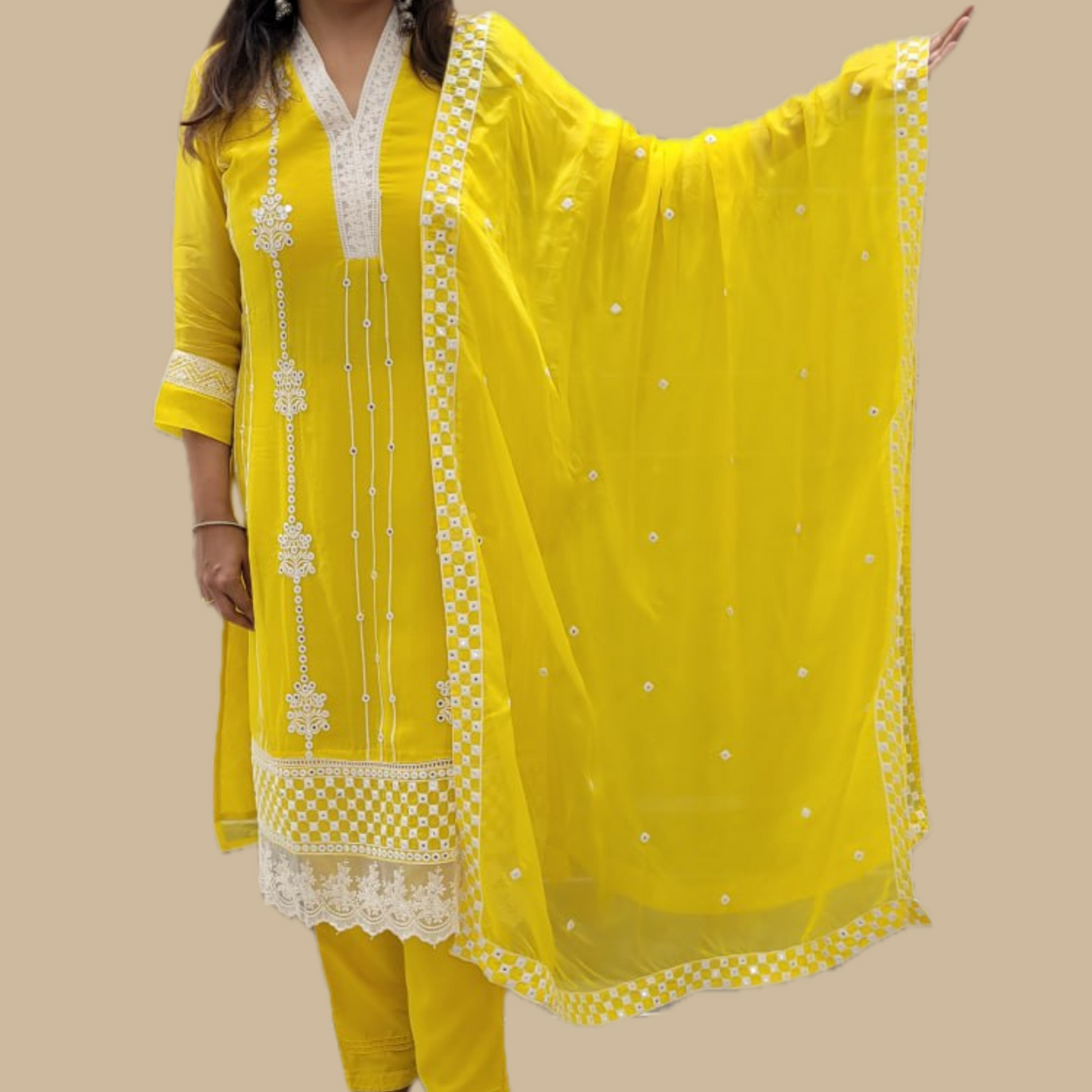 Pure Organza 3-Piece Suit in Yellow with Embroidery and Lace Detailing