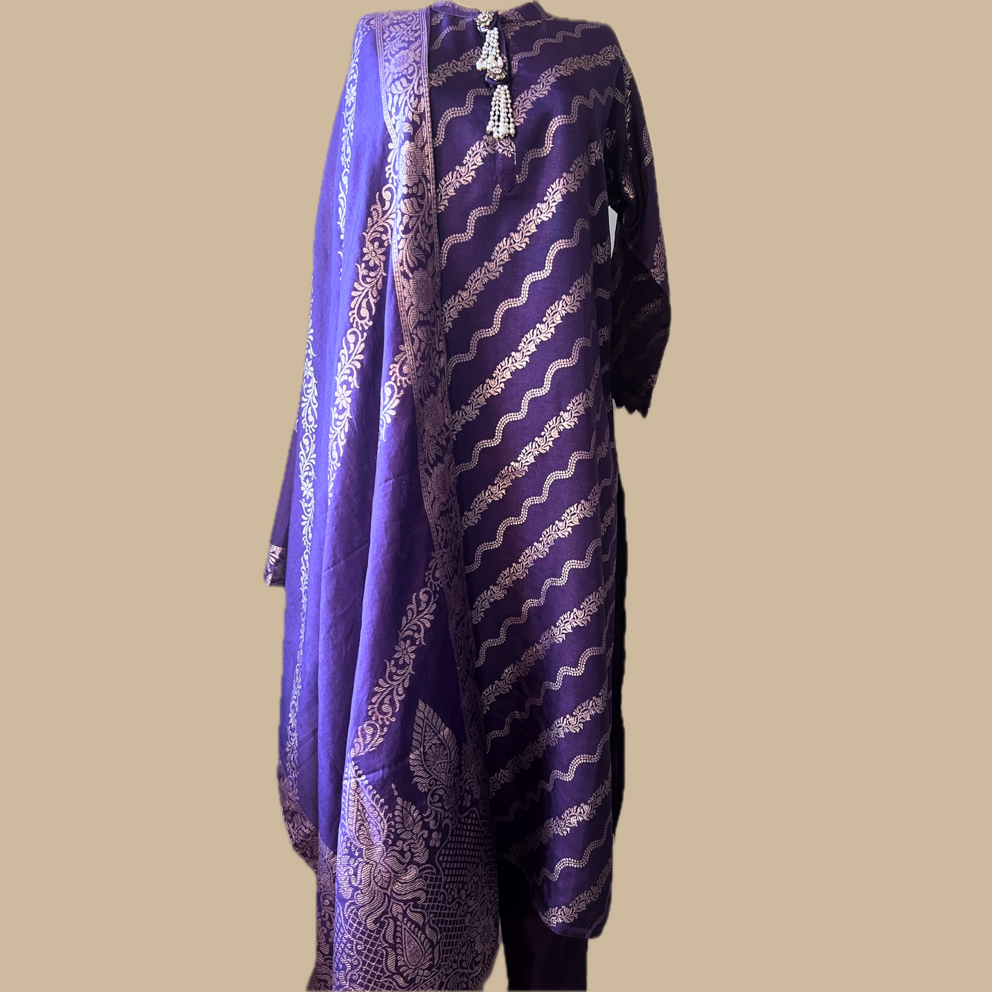 Cotton Silk Blend 3-Piece Suit in Purple with Gold Tone Weave
