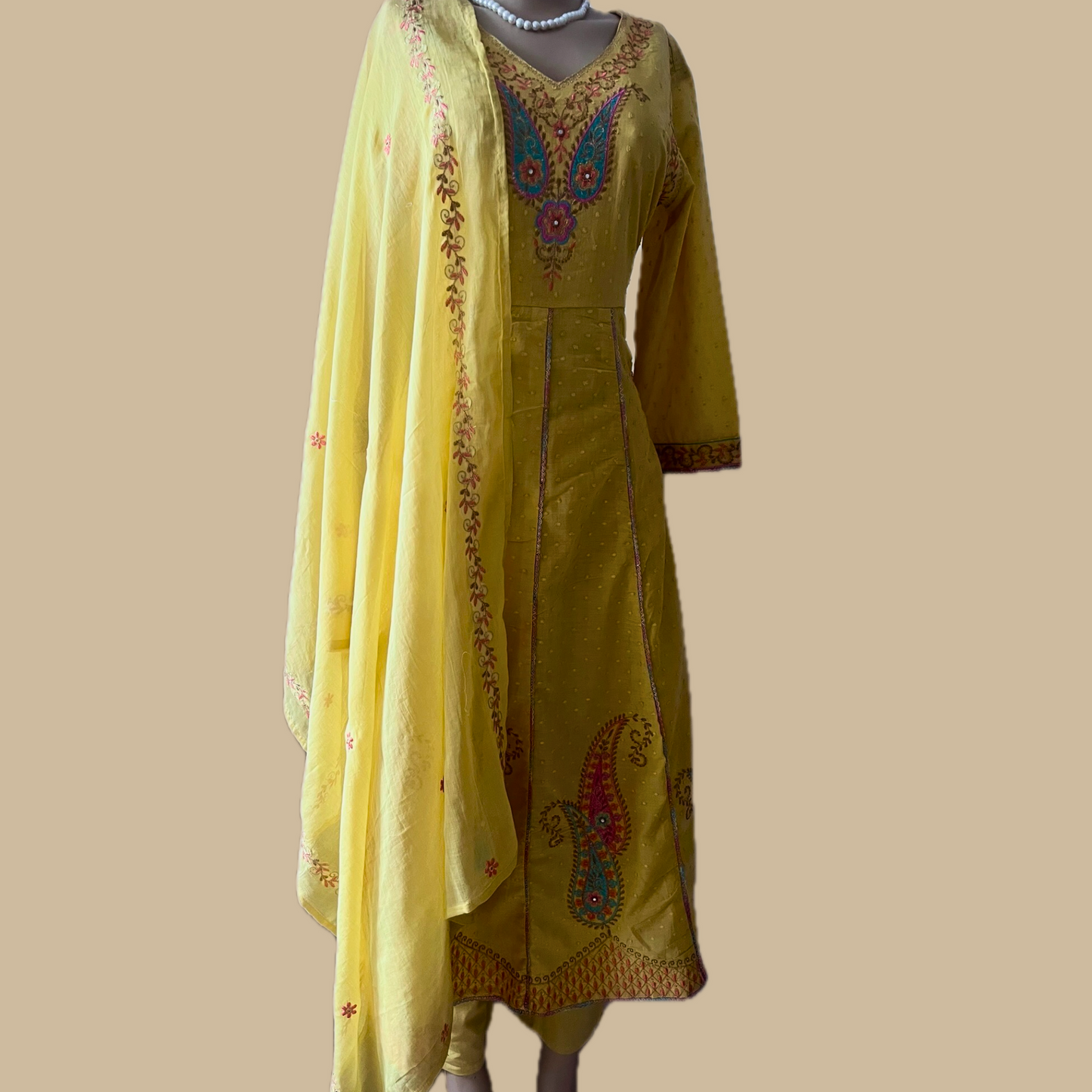 Yellow Anarkali 3-Piece Suit with Ethnic Thread Embroidery and Mul Dupatta