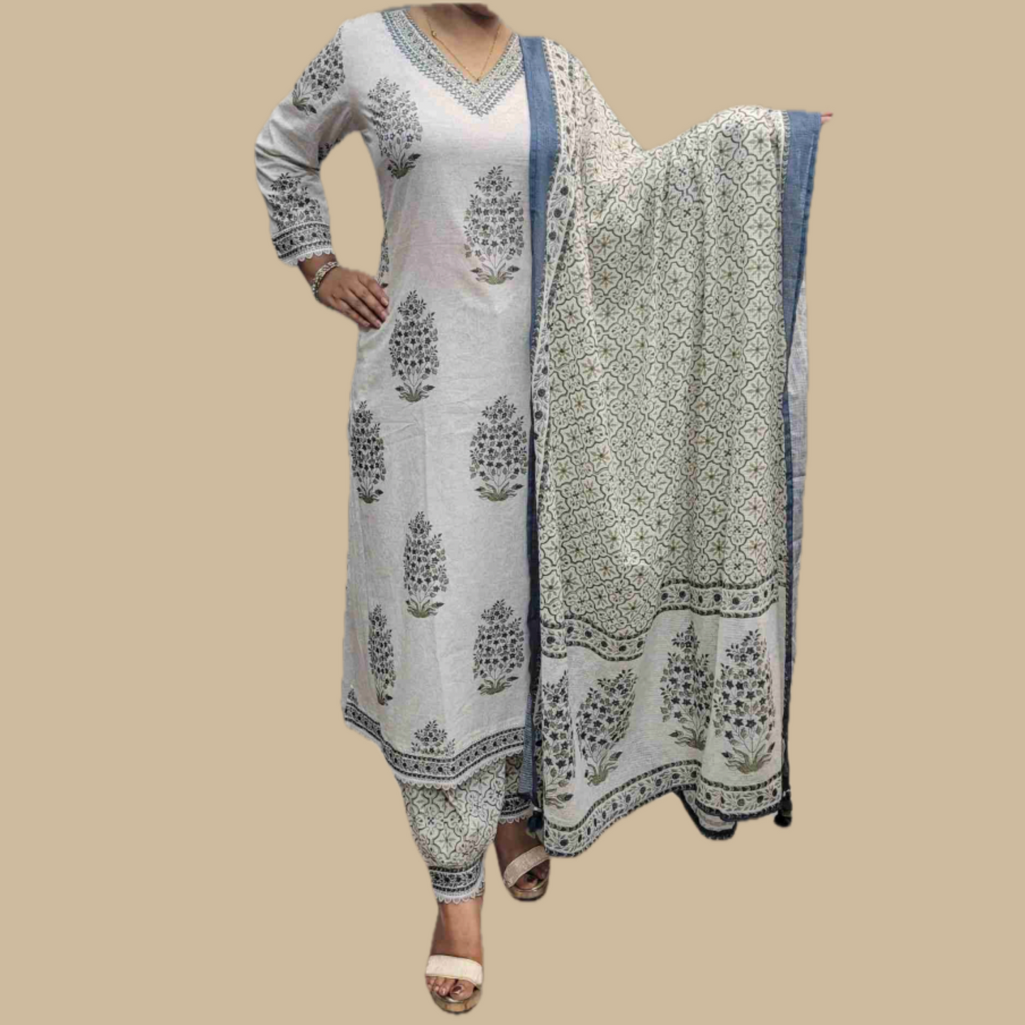 Cotton Minimalist 3-Piece Suit in White and Teal