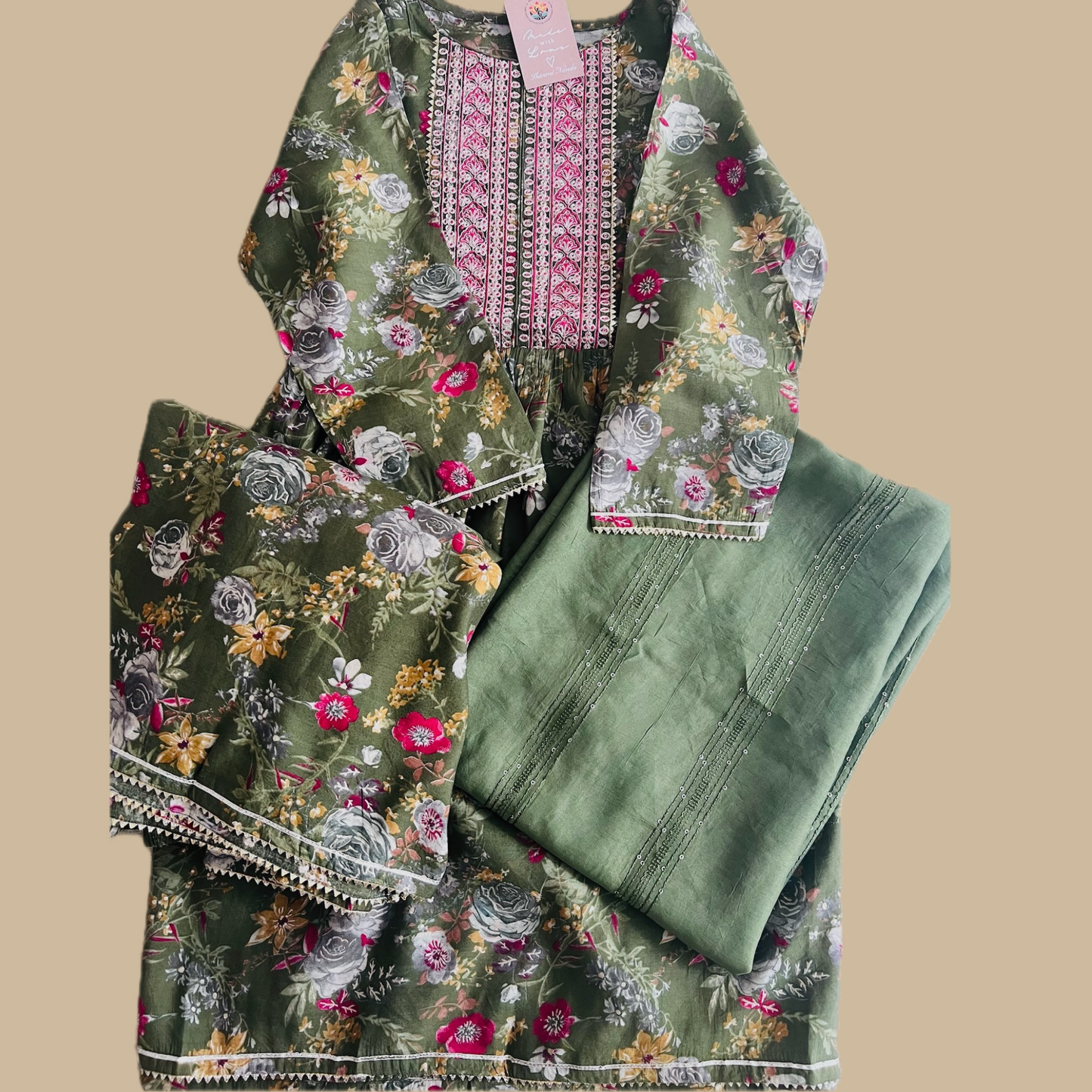 Green Floral Printed Sharara Set with Zari Work Embroidered Neck Yoke, Gota Lace Pants, and Sequins Dupatta