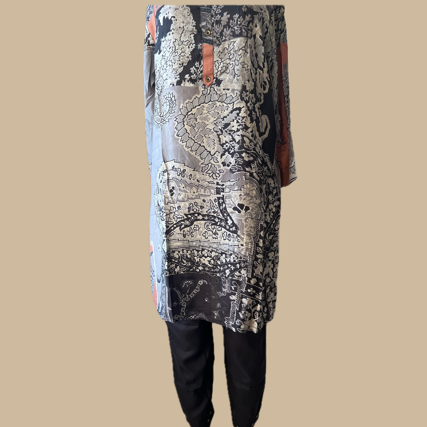 Digital Printed Black Collared Coord Set in Rayon Maslin