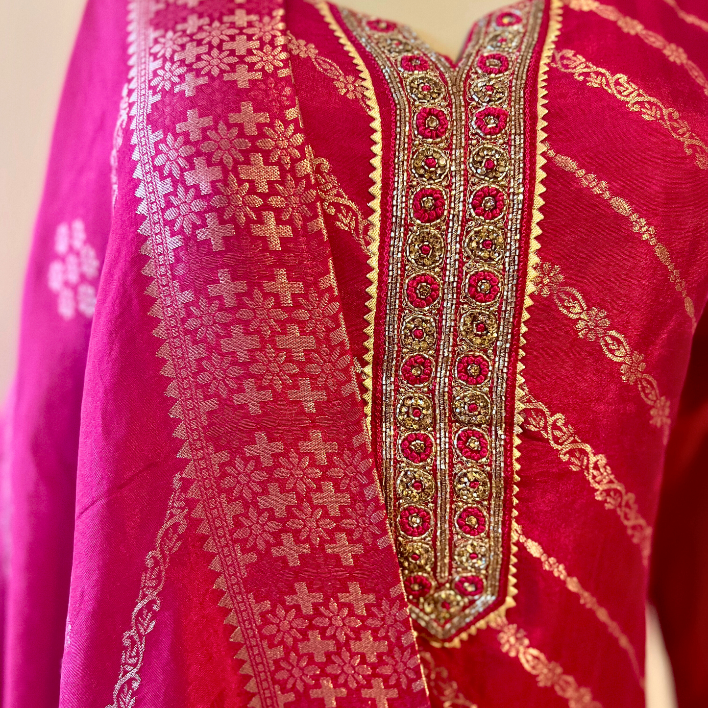 Festive Red Silk Blend 3-Piece Suit with Gold Thread Weave and Brocade Border Dupatta