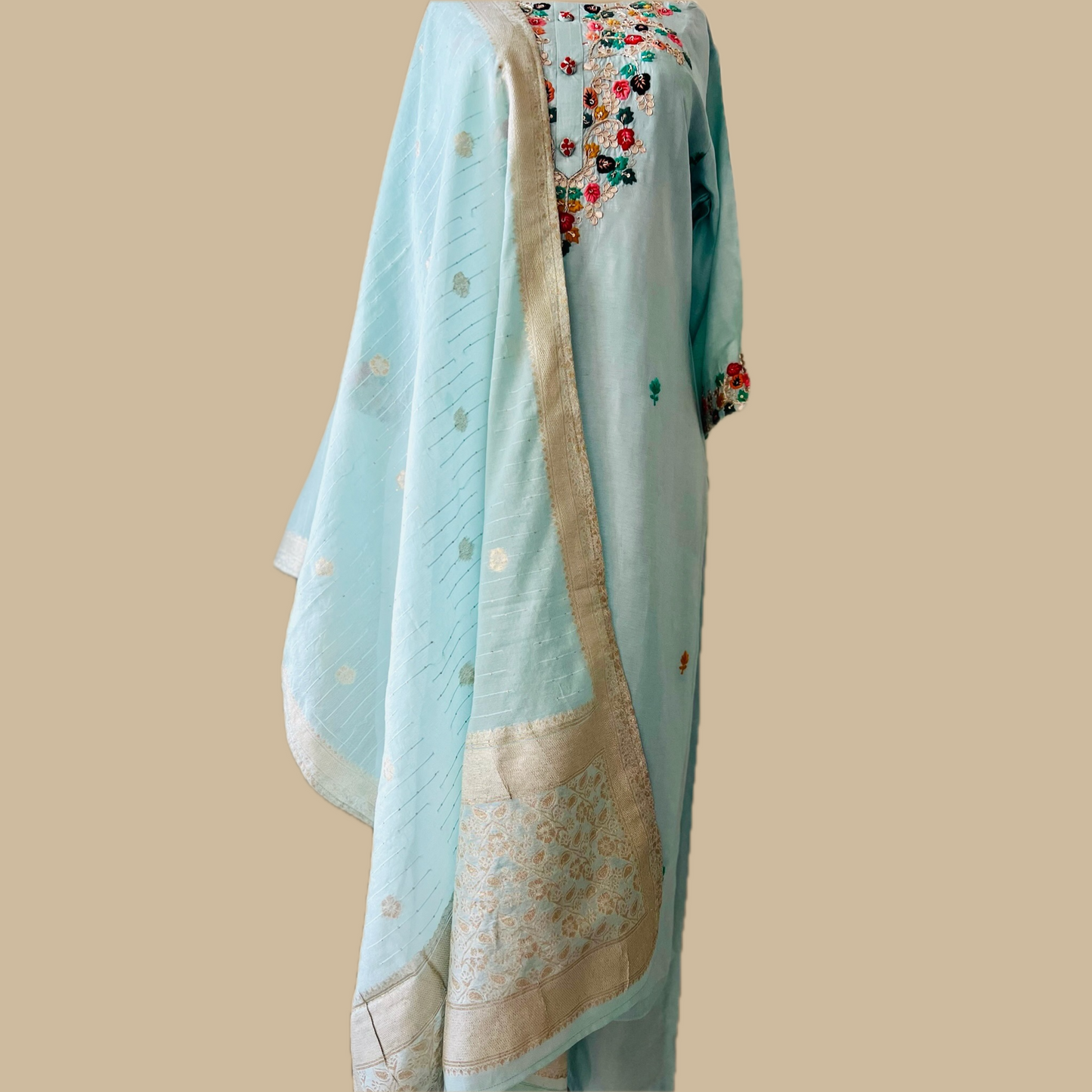 Elegant Silk Blend 3-Piece Suit in Ice Blue with Brocade Dupatta