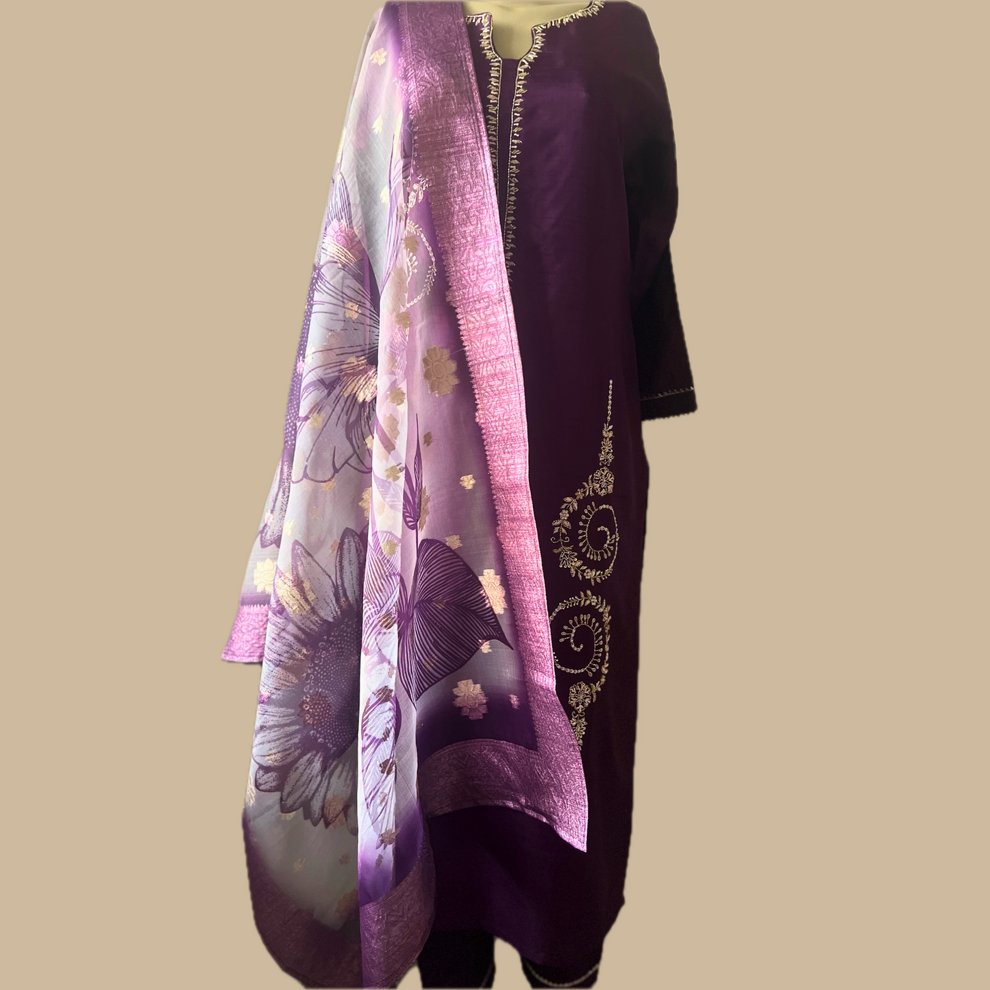 Silk Blend 3-Piece Suit in Purple with Gold Tone Embroidery and Floral Tissue Dupatta