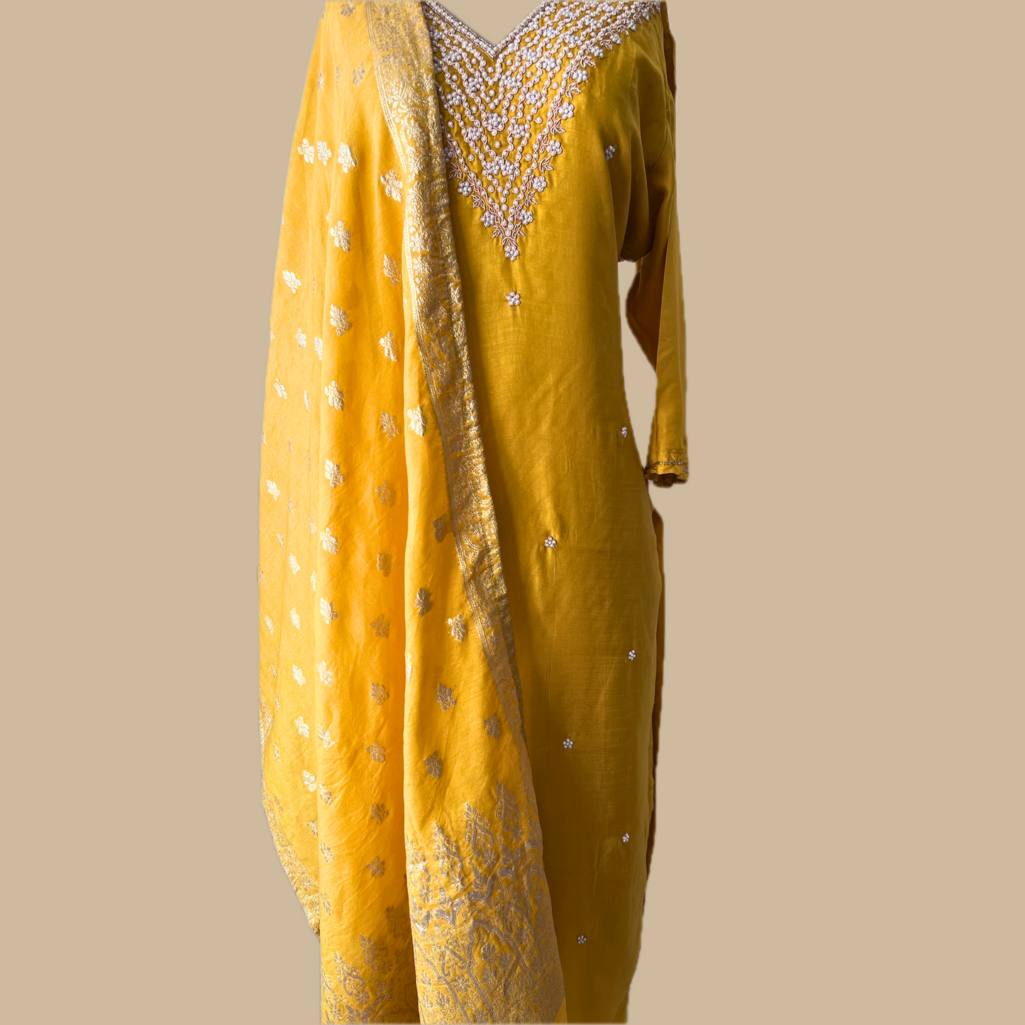 Chinon Silk Dabka Work 3 Piece Suit in Yellow