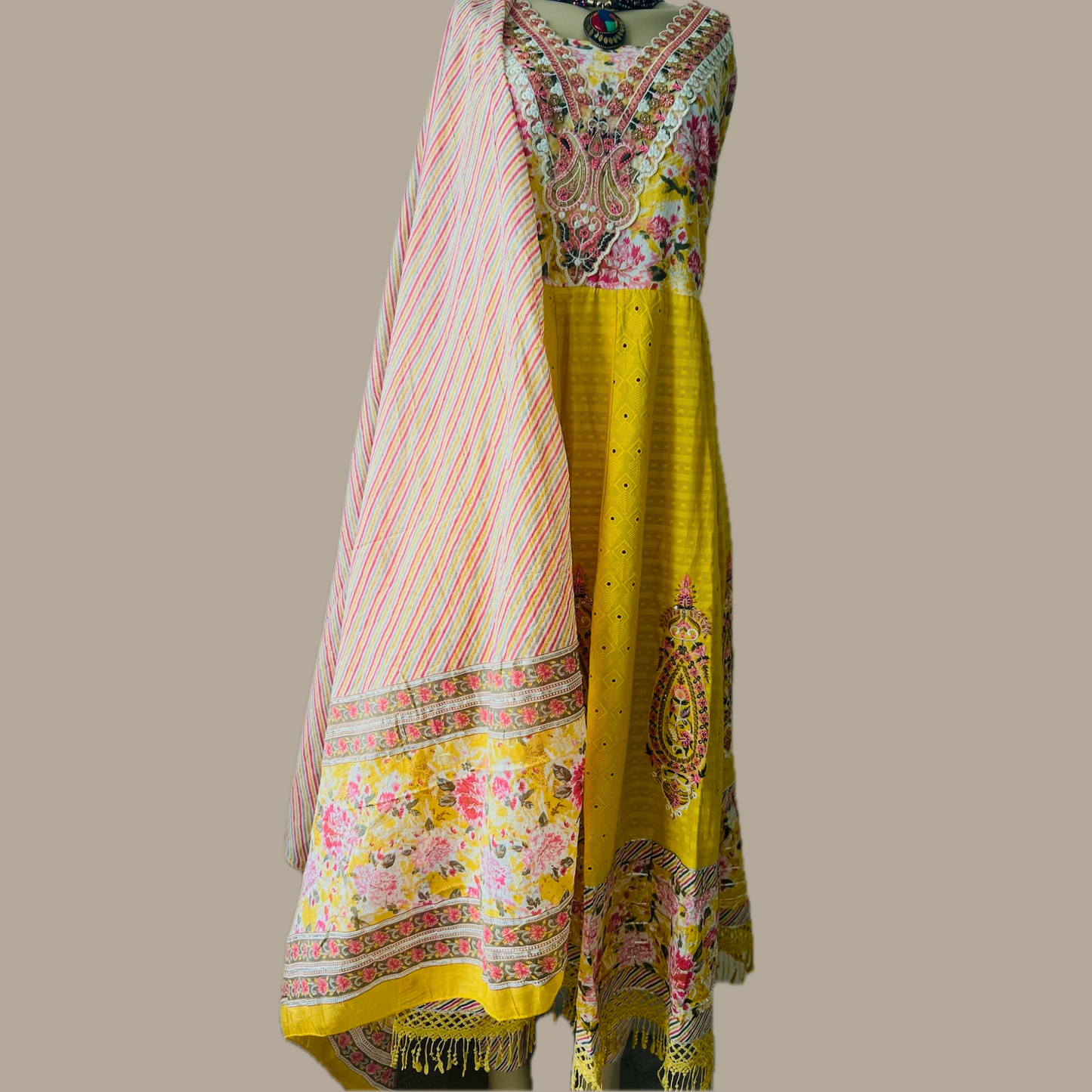 Vibrant Yellow Anarkali 3-Piece Suit with Intricate Embroidery