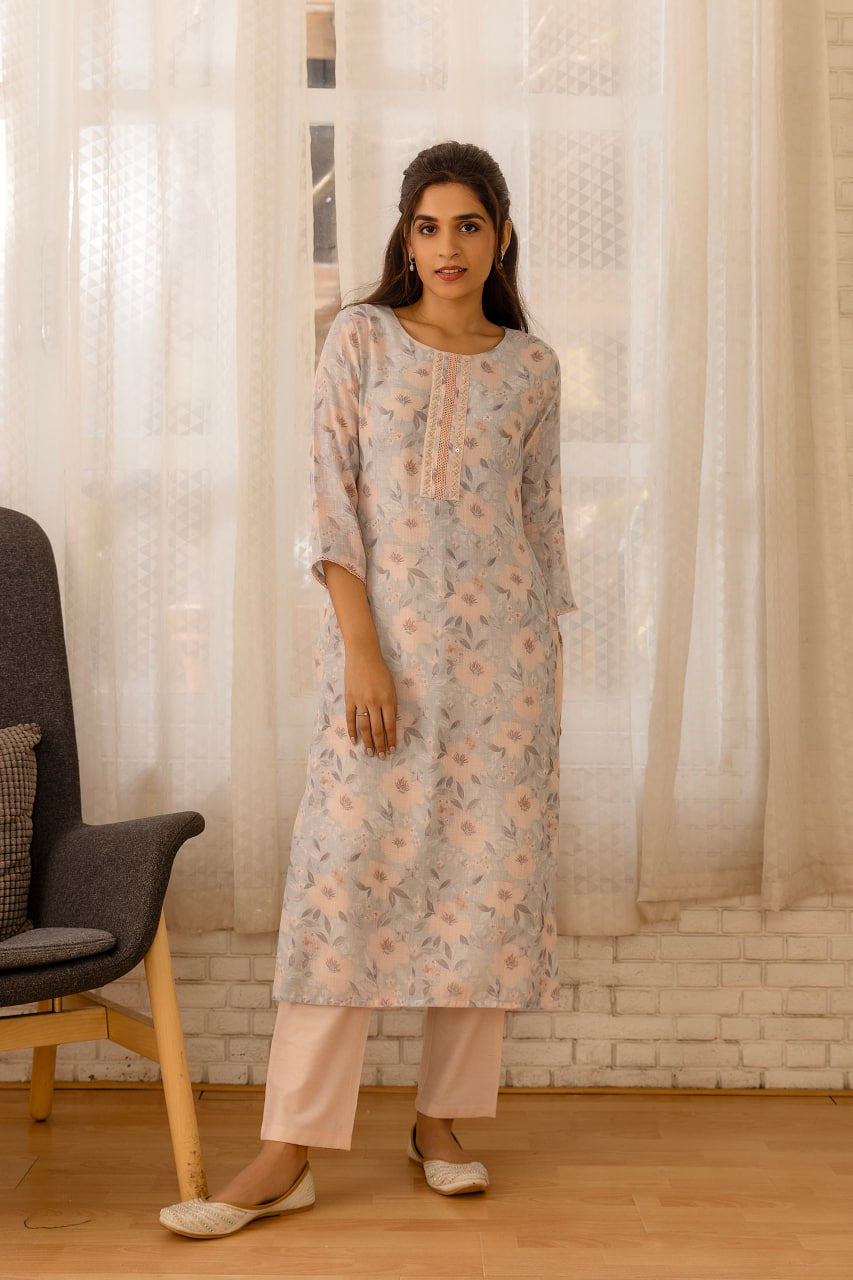 Pastel Floral Cotton Kurta Set with Blush Pink Pants