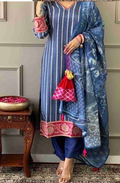 Royal Blue Shimmer 3-Piece Kurta Set with Pink and Gold Embroidered Cuffs & Printed Dupatta