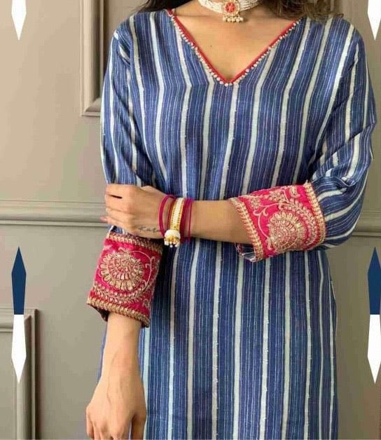 Royal Blue Shimmer 3-Piece Kurta Set with Pink and Gold Embroidered Cuffs & Printed Dupatta